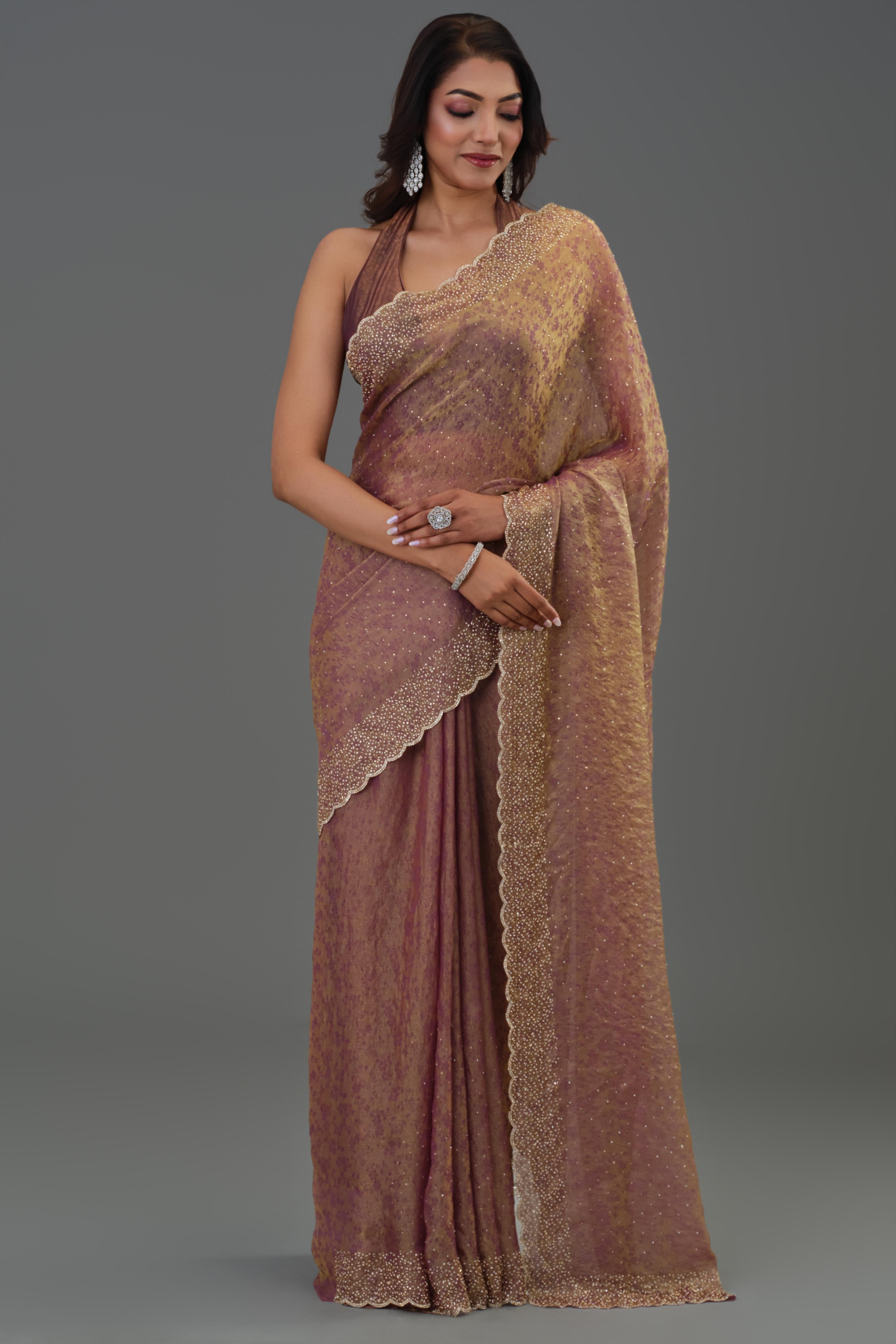 Rose Gold Embellished Cosmo Tissue Silk Saree