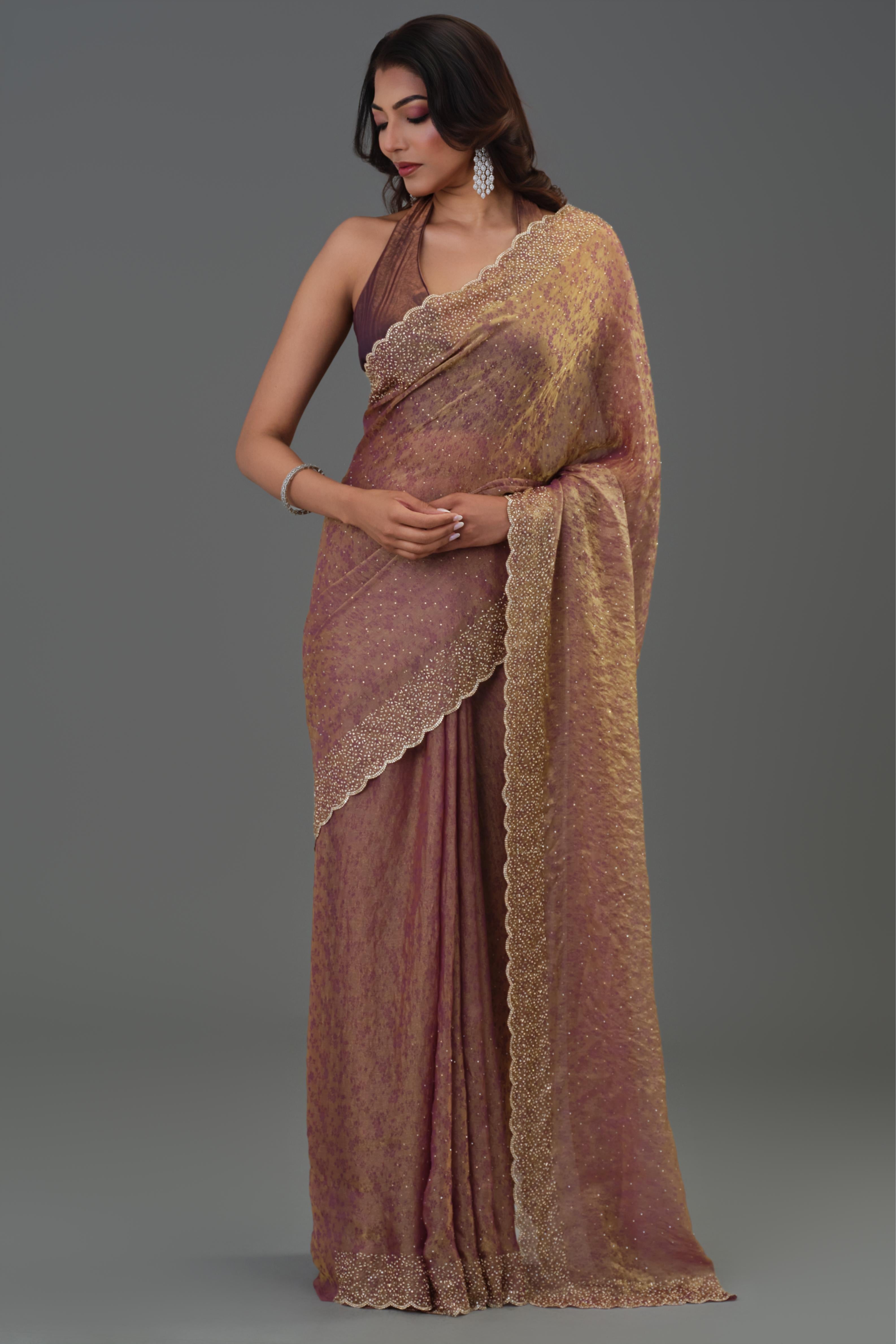 Rose Gold Embellished Cosmo Tissue Silk Saree