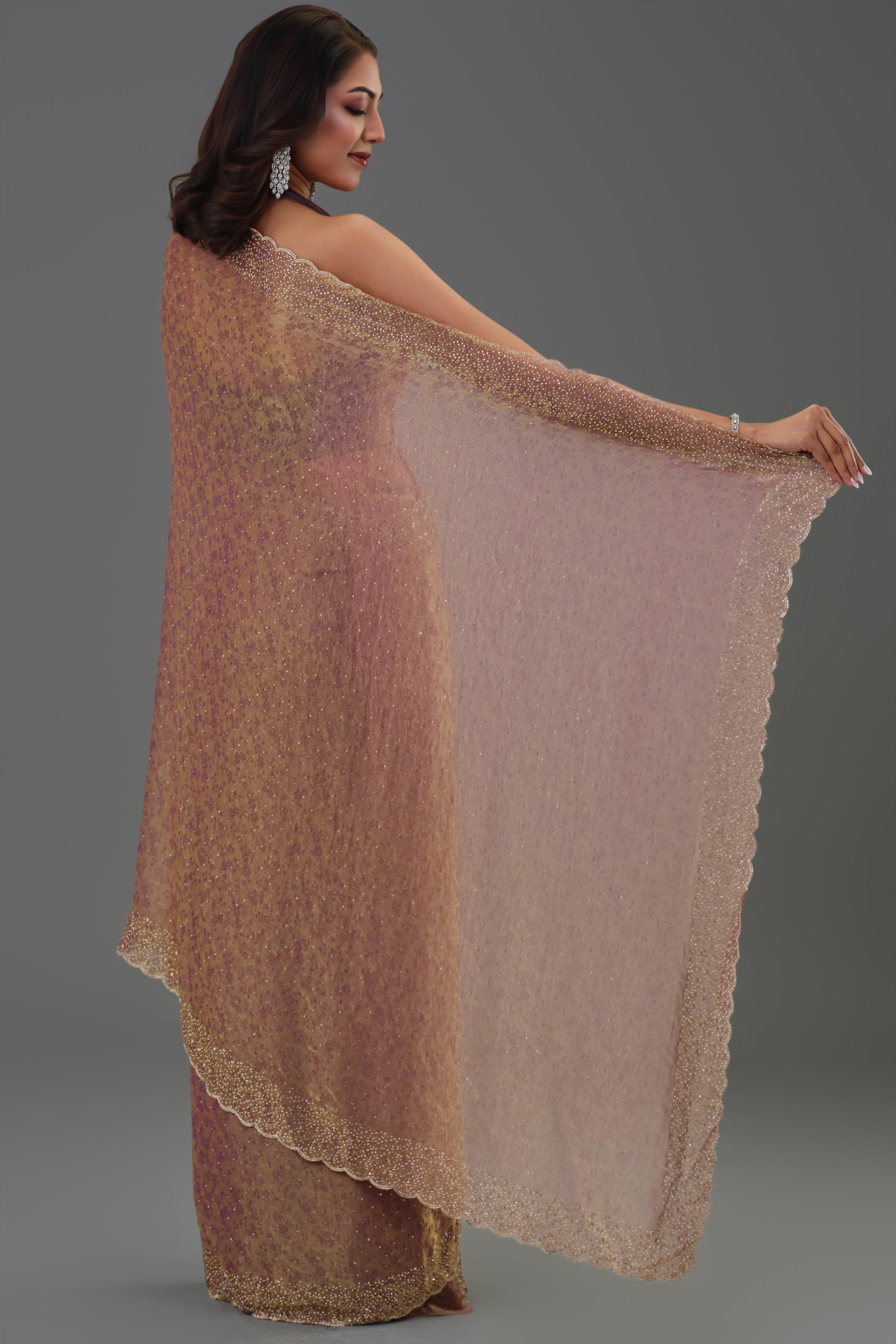 Rose Gold Embellished Cosmo Tissue Silk Saree