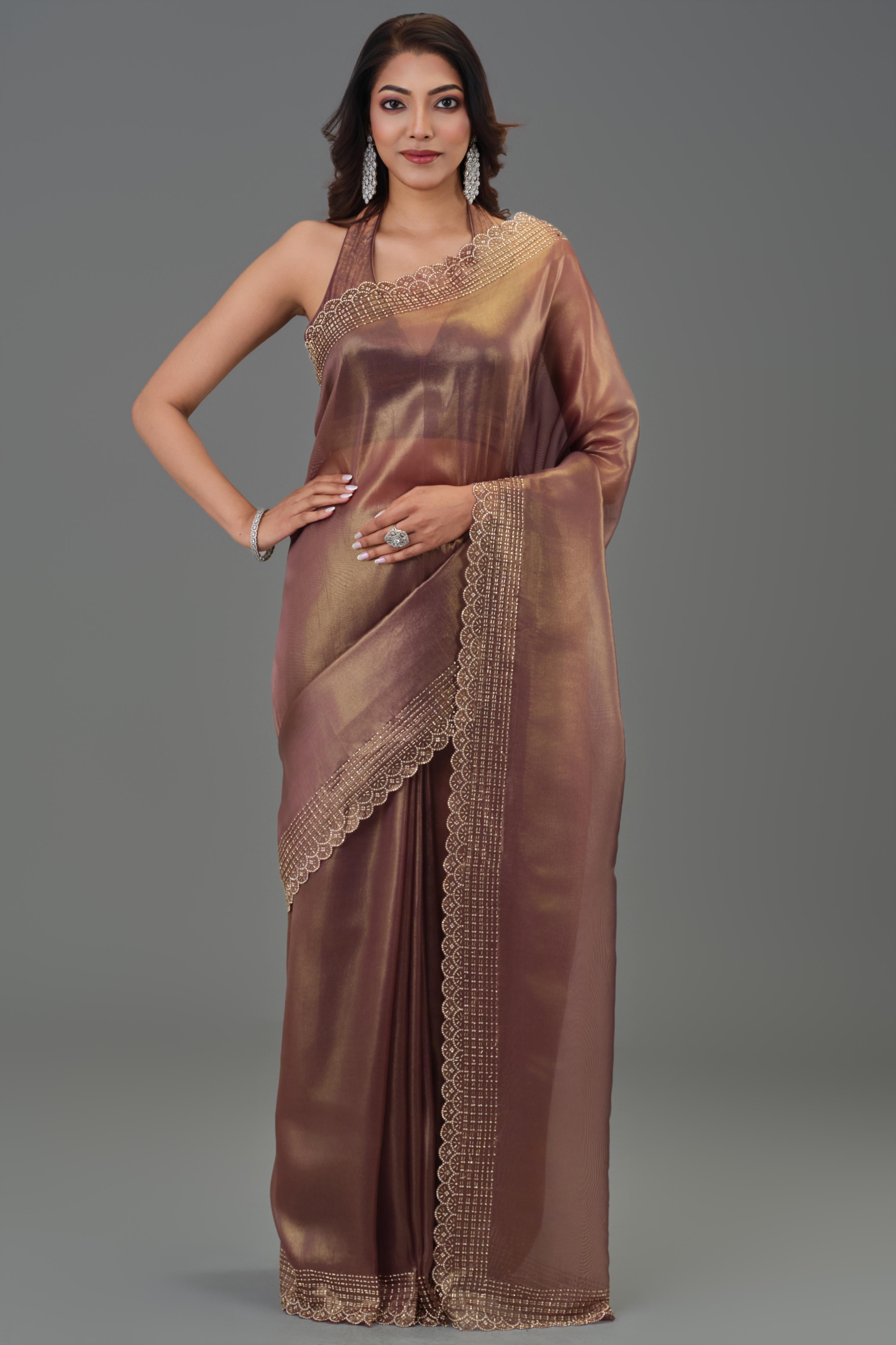 Metallic Brown Embellished Cosmo Tissue Silk Saree