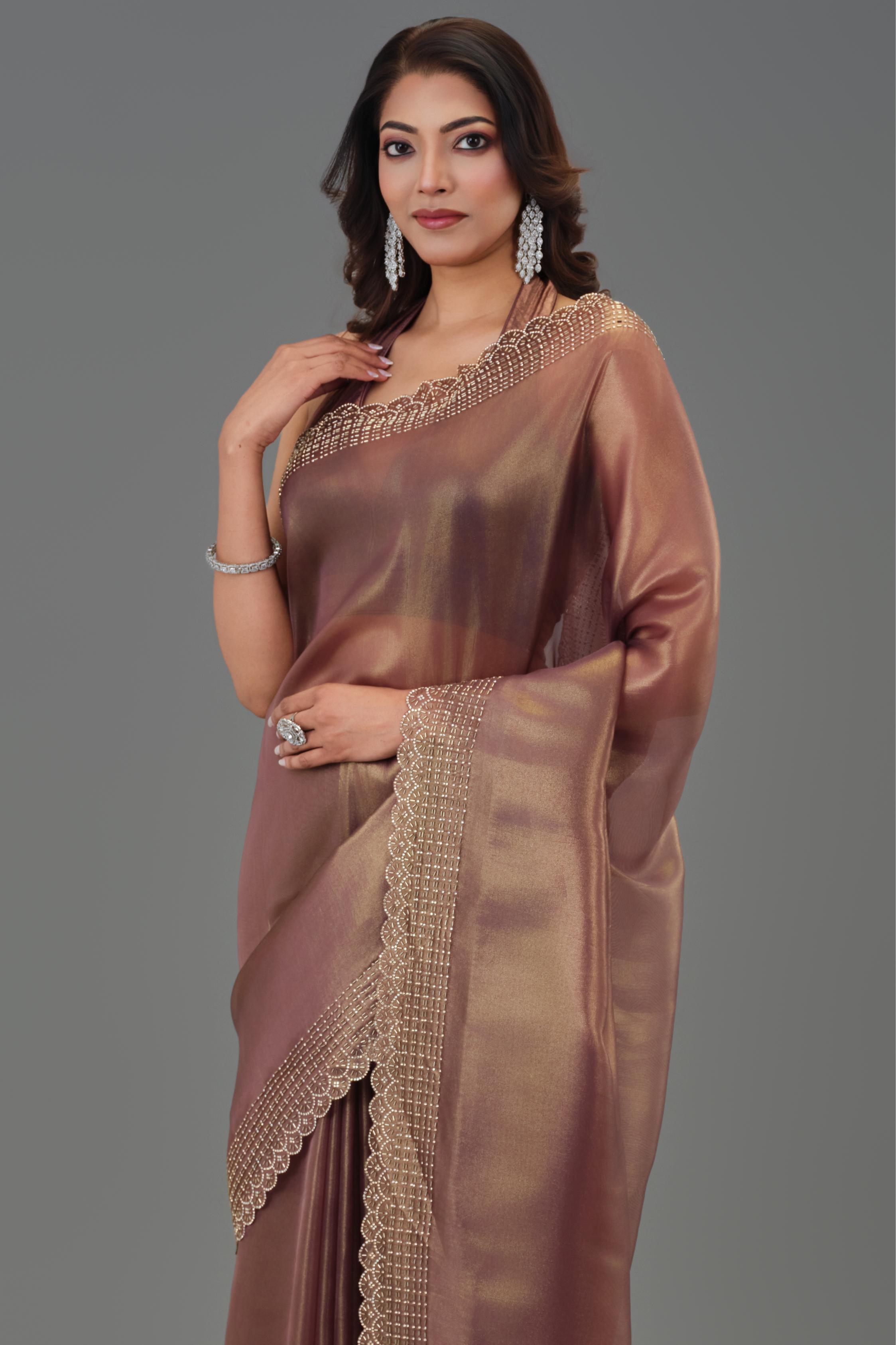 Metallic Brown Embellished Cosmo Tissue Silk Saree