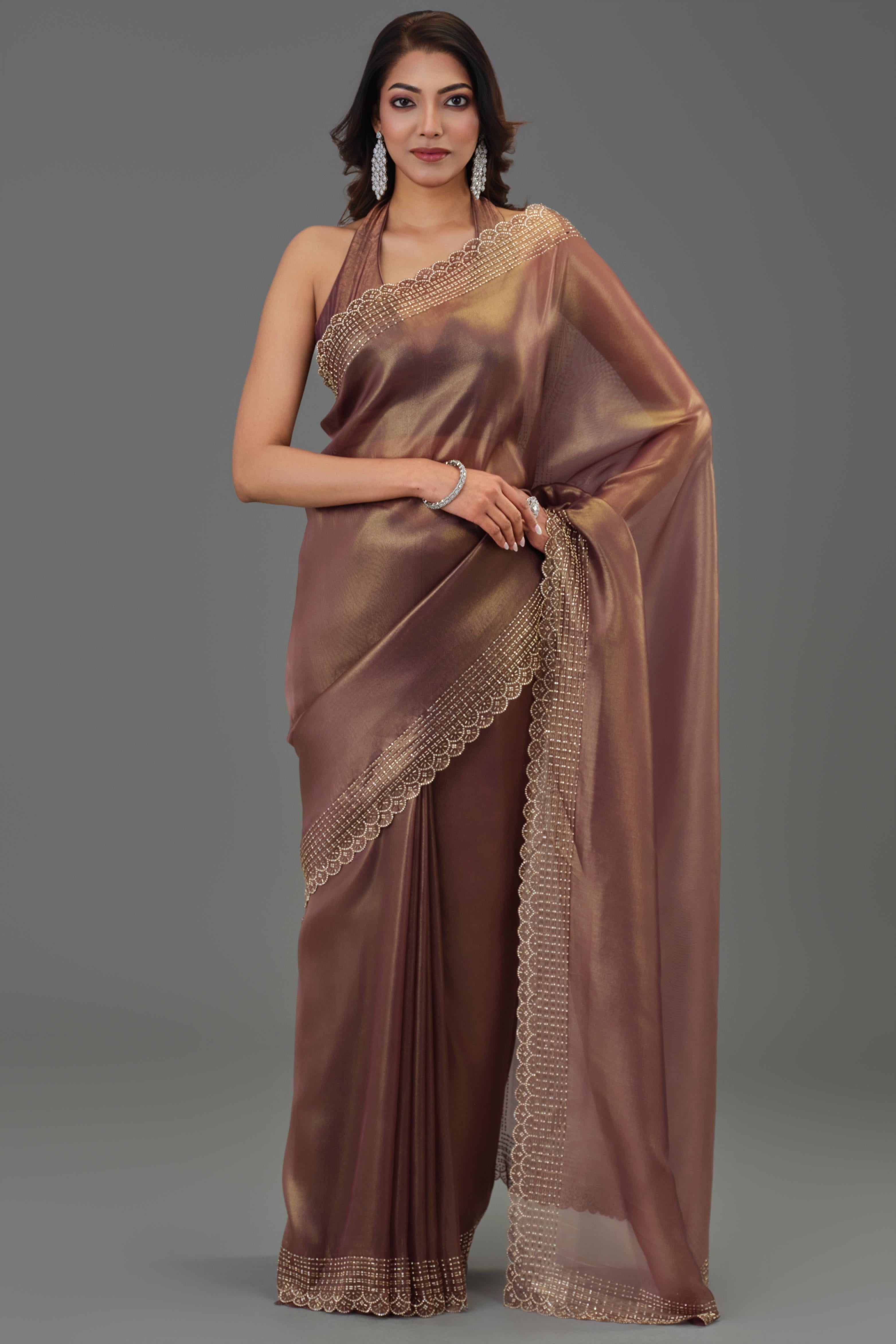 Metallic Brown Embellished Cosmo Tissue Silk Saree