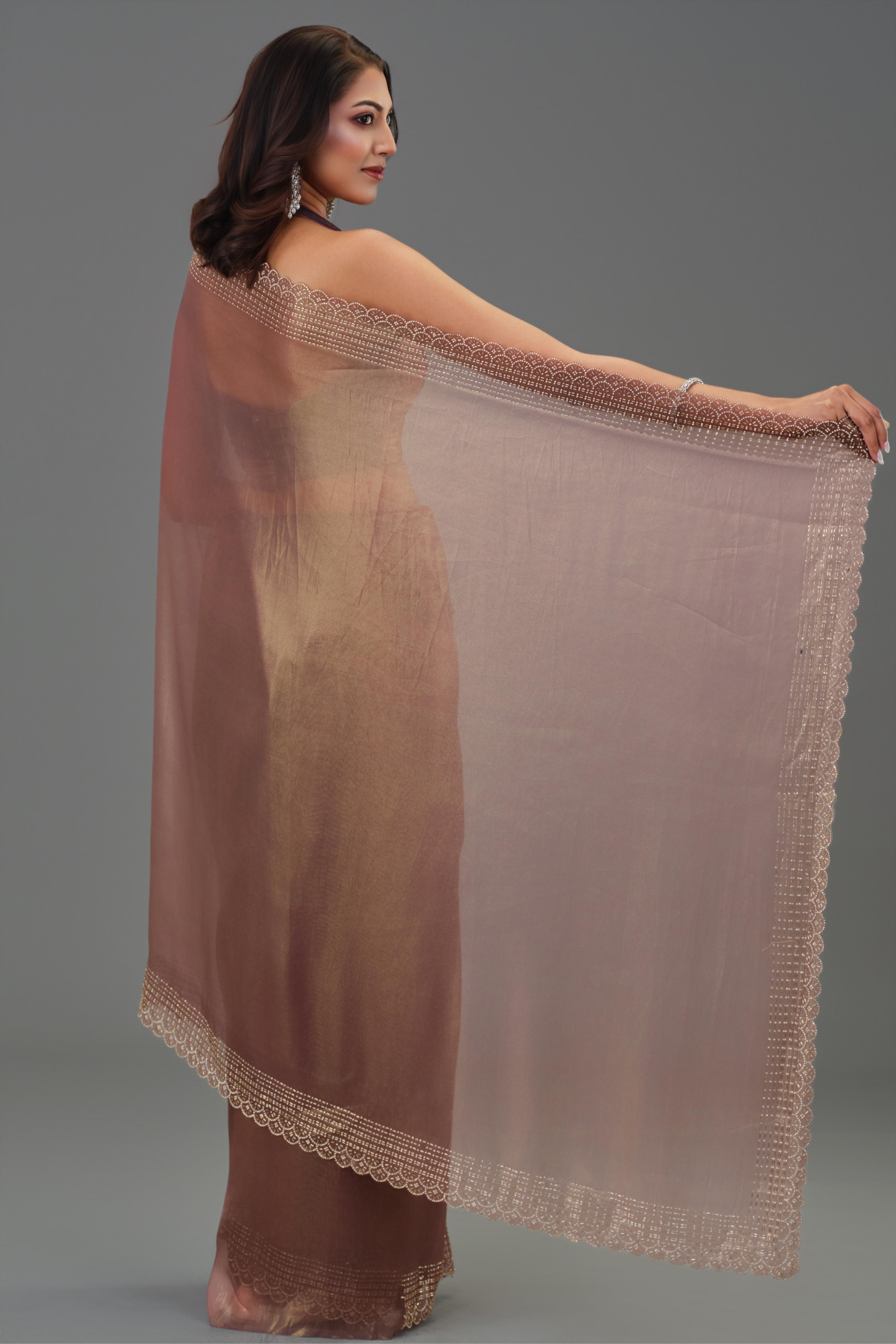 Metallic Brown Embellished Cosmo Tissue Silk Saree
