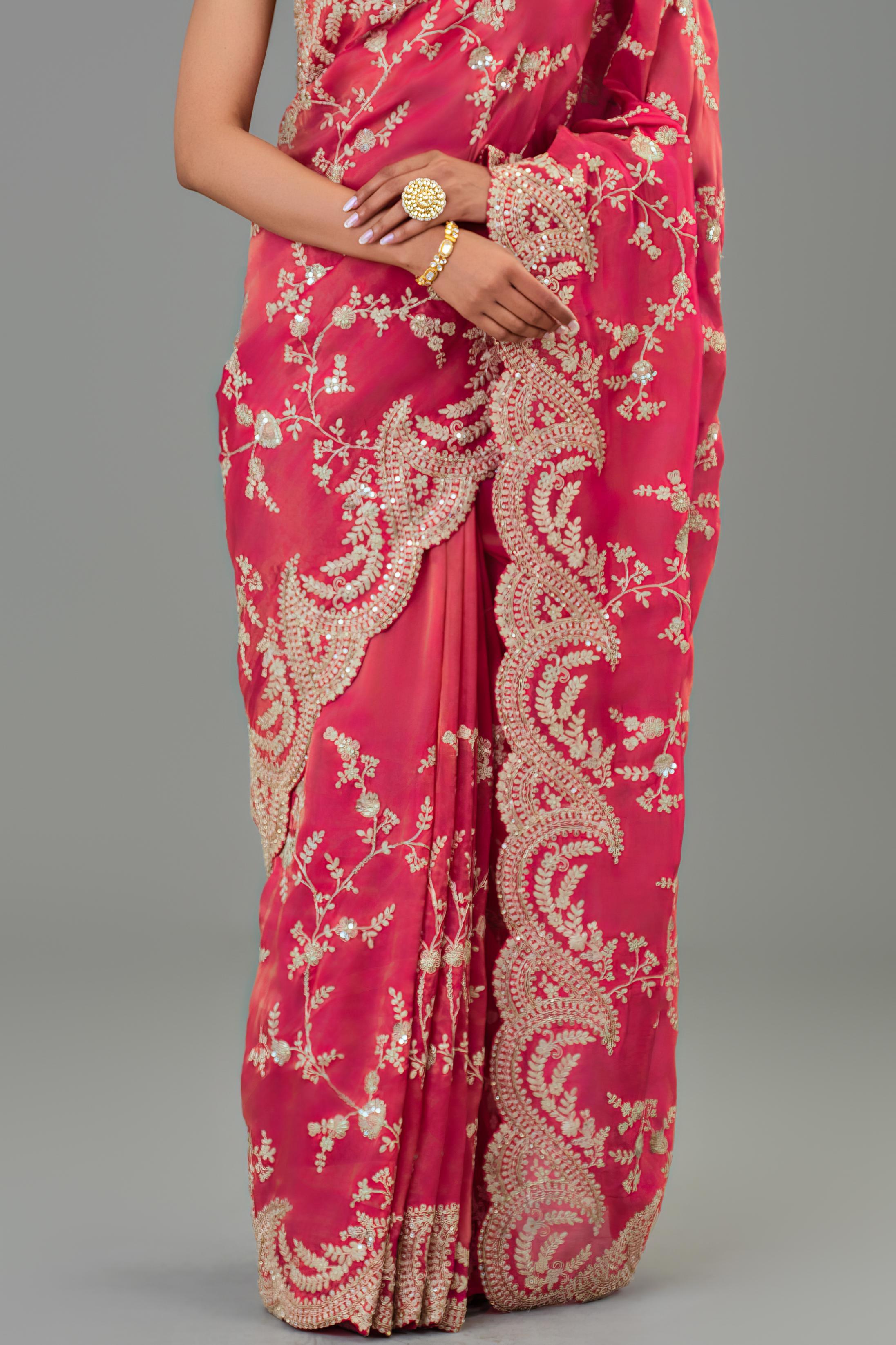 Red Embroidered Tissue Cosmo Silk Saree