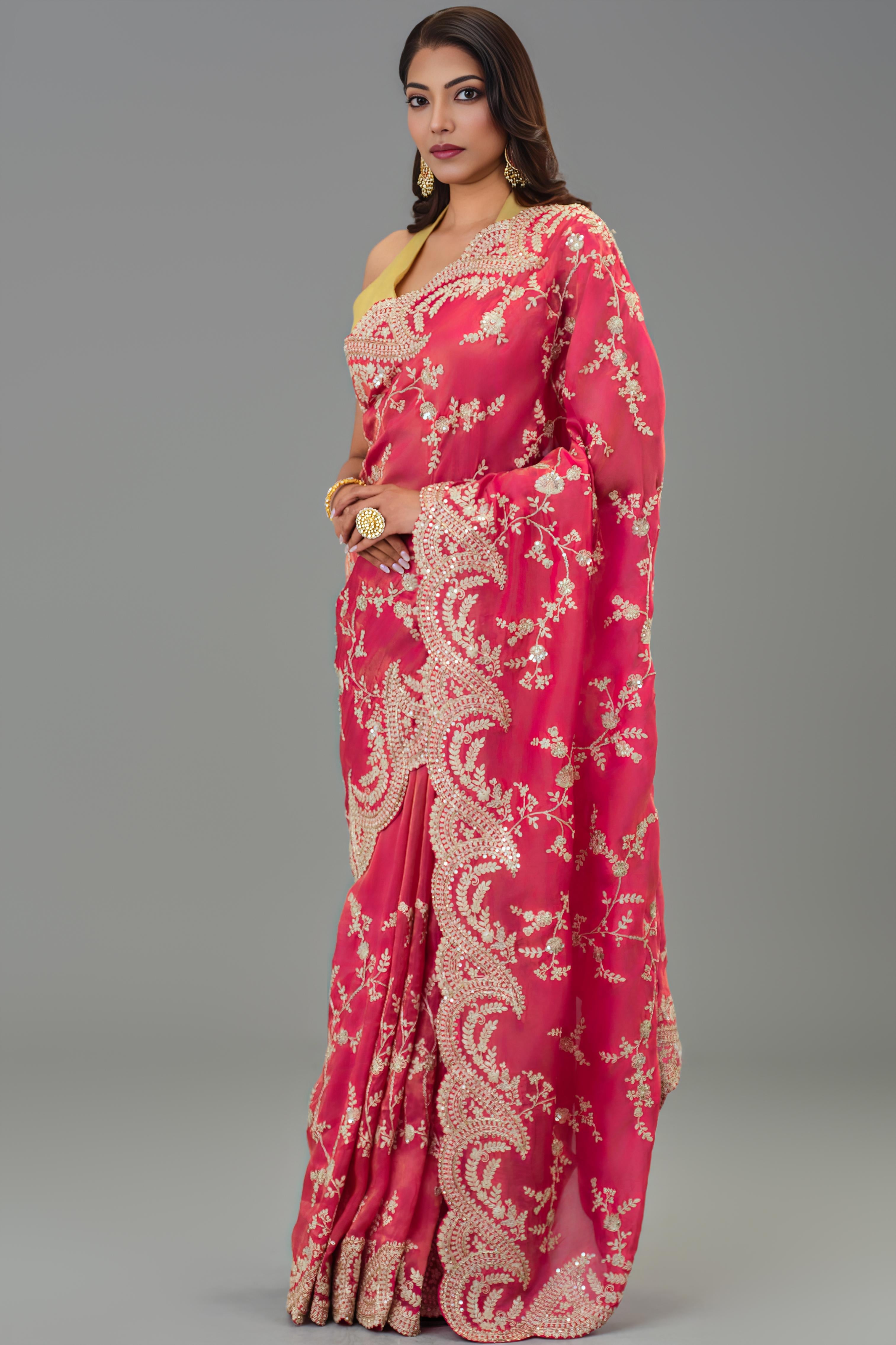 Red Embroidered Tissue Cosmo Silk Saree