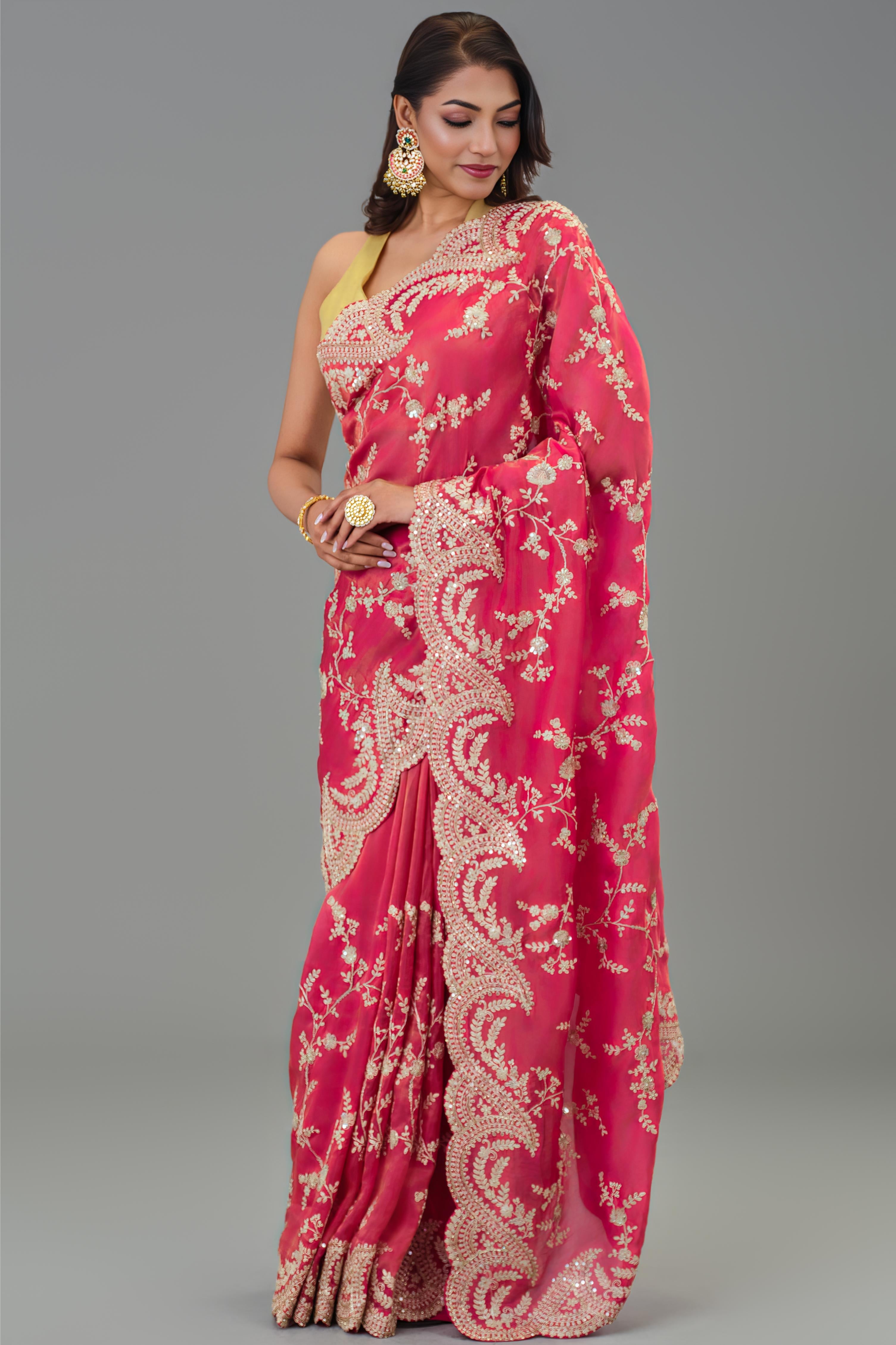 Red Embroidered Tissue Cosmo Silk Saree