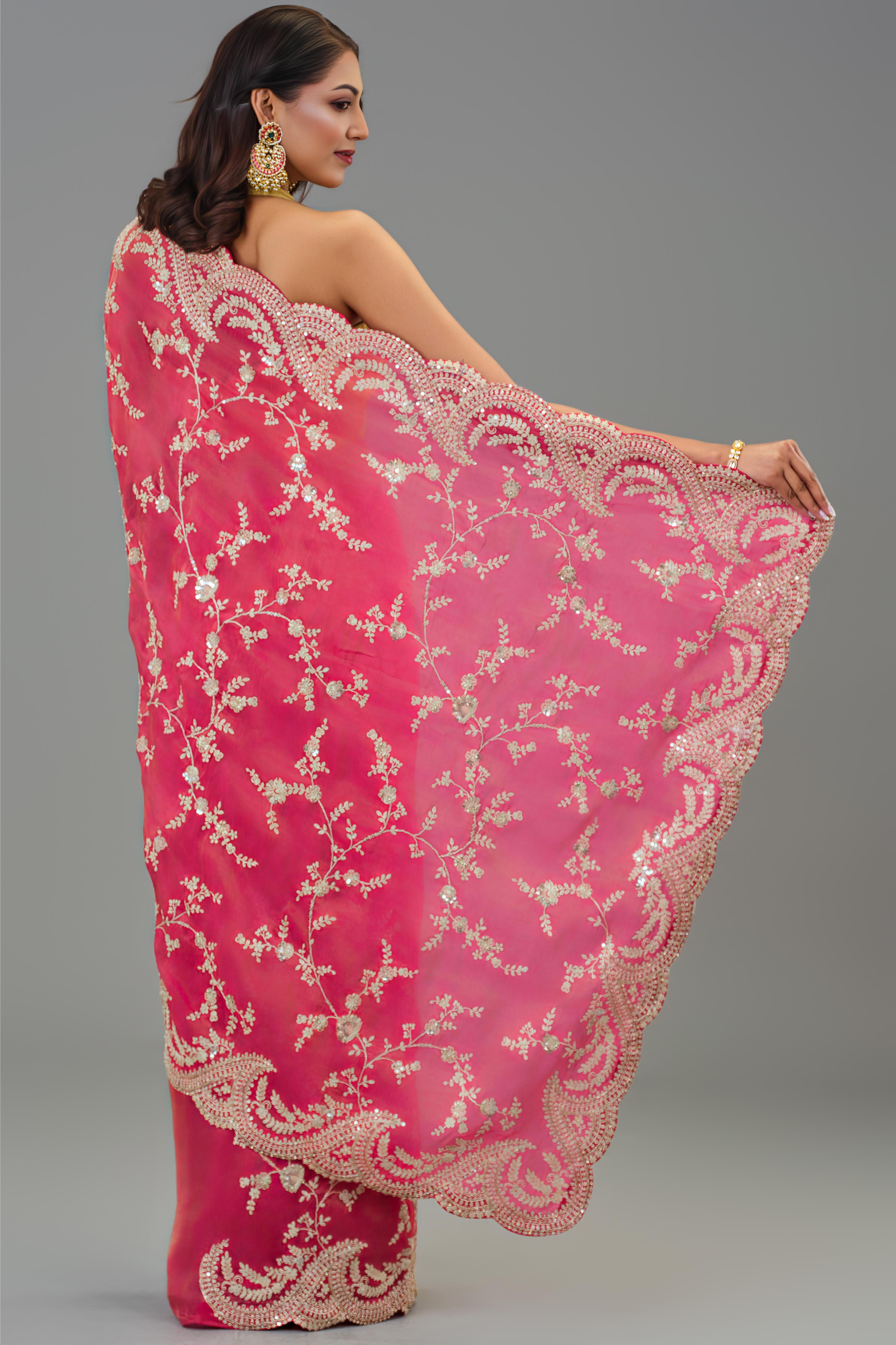 Red Embroidered Tissue Cosmo Silk Saree