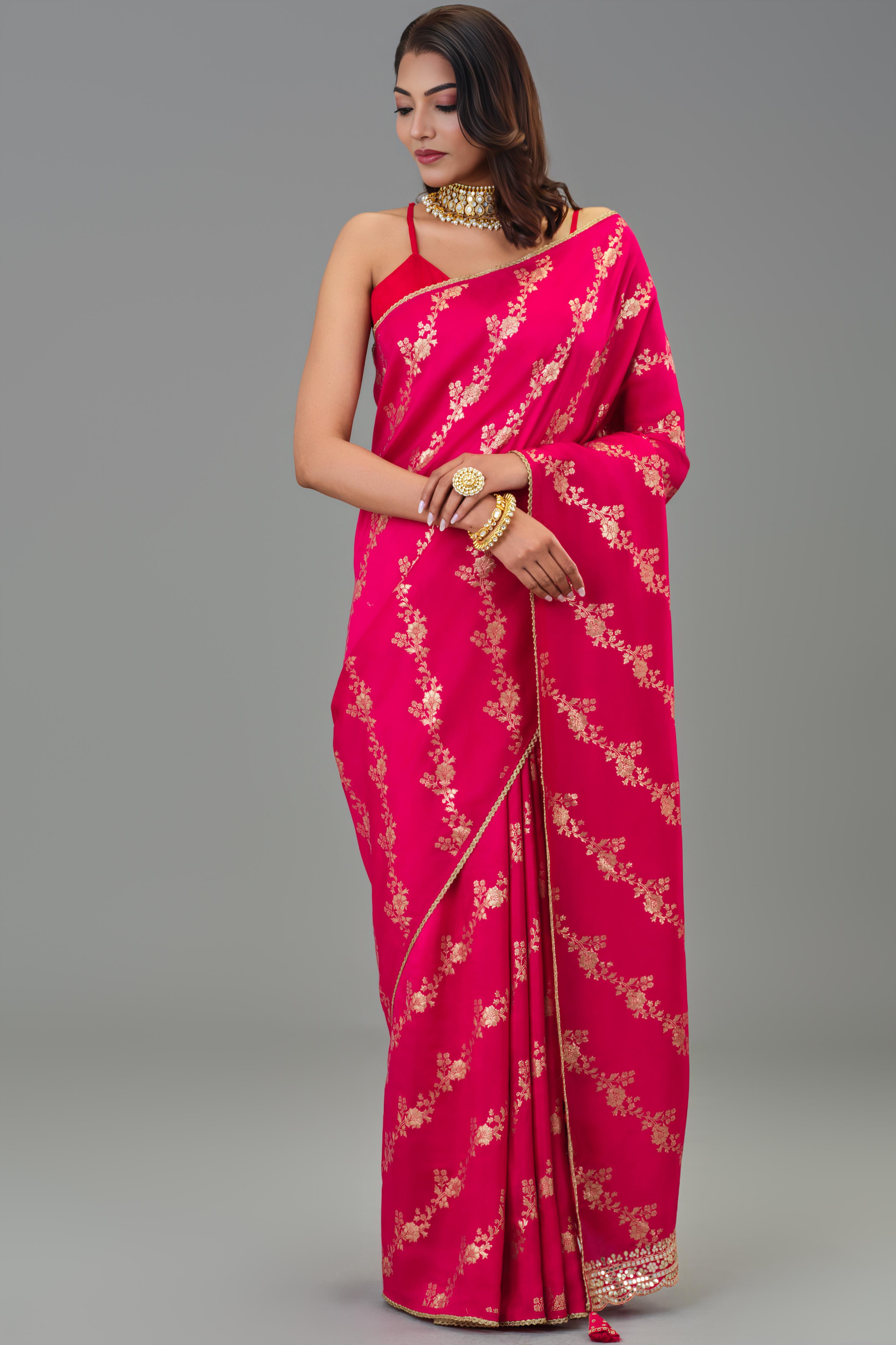 Festive Pink Handwork Dola Silk Saree