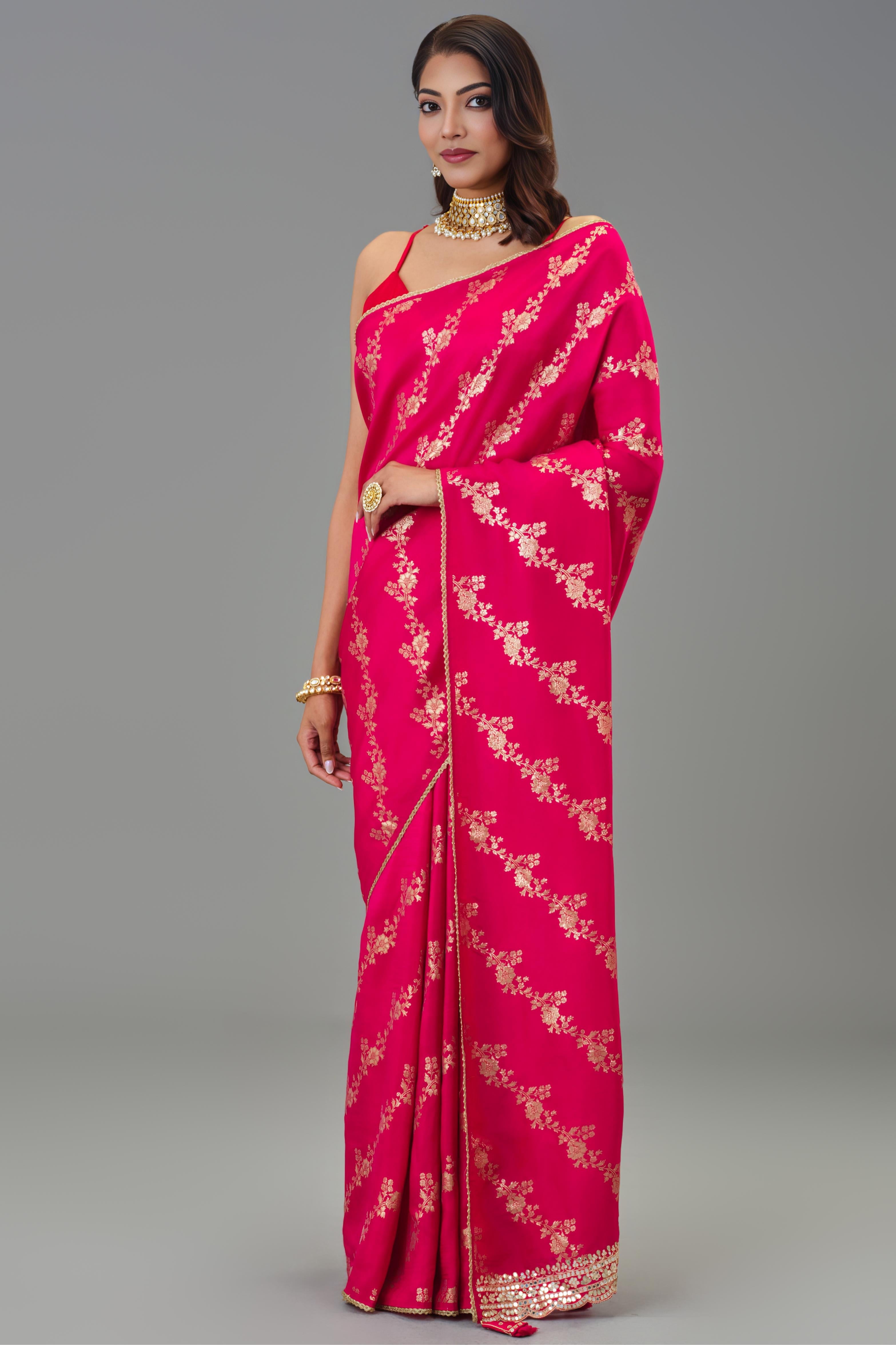 Festive Pink Handwork Dola Silk Saree