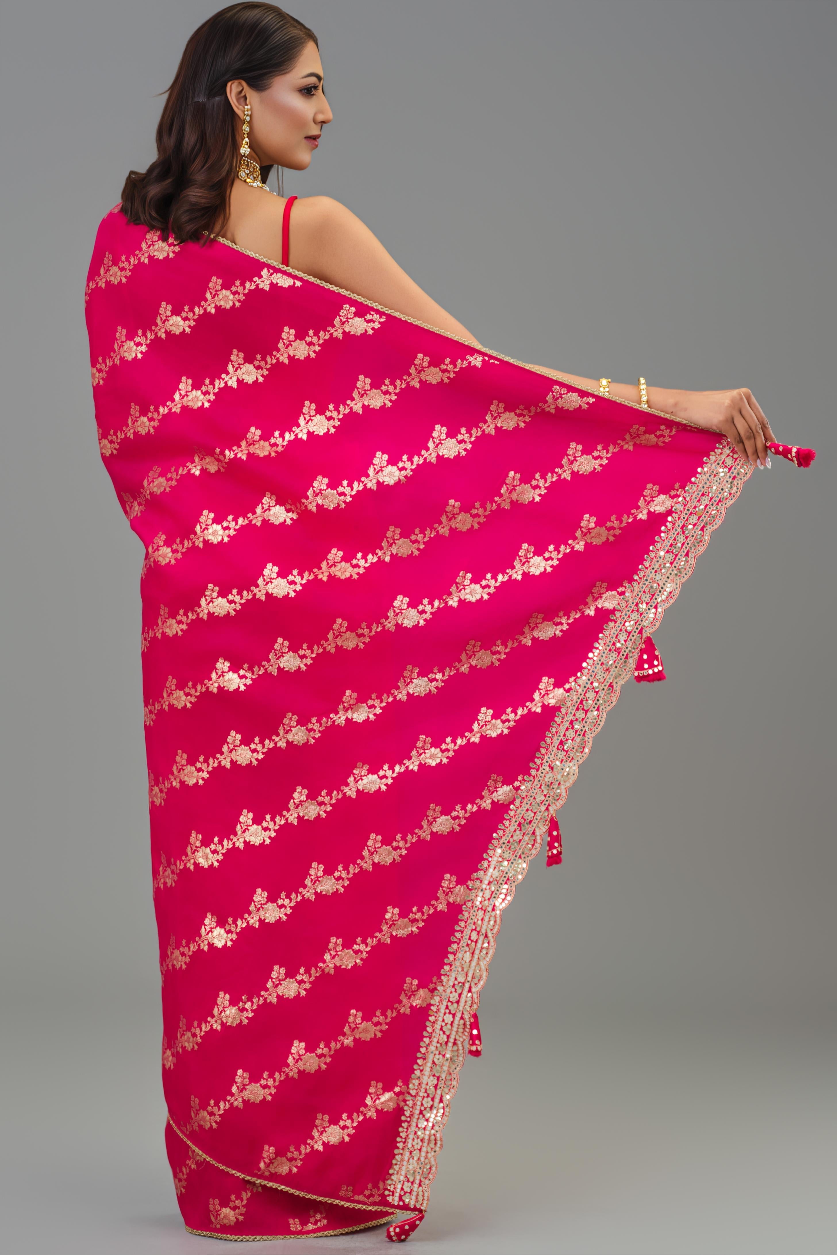 Festive Pink Handwork Dola Silk Saree
