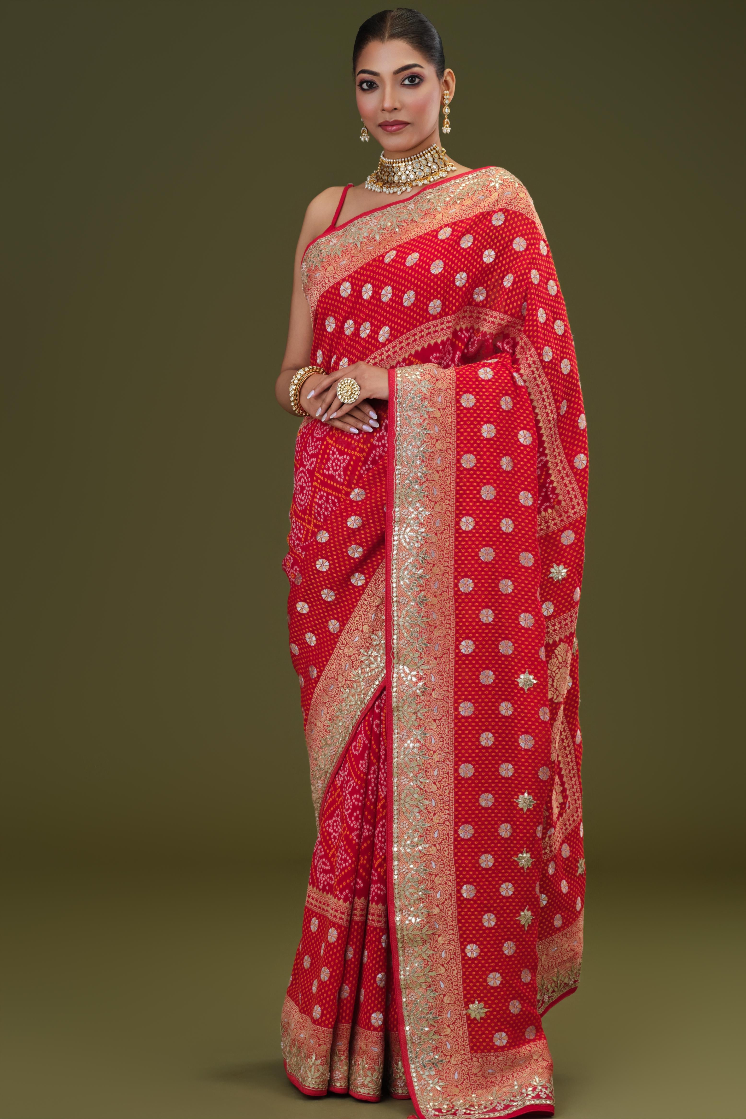 Red Gotta Pati Work Georgette Silk Saree