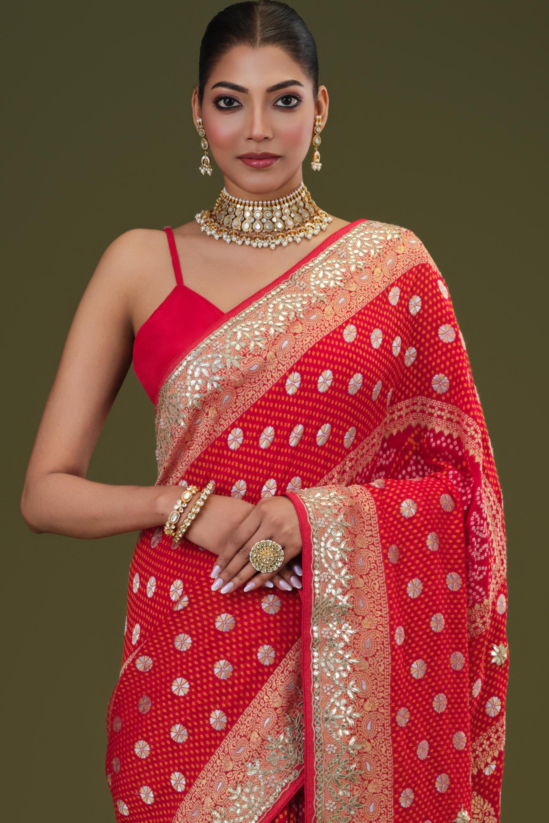 Red Gotta Pati Work Georgette Silk Saree
