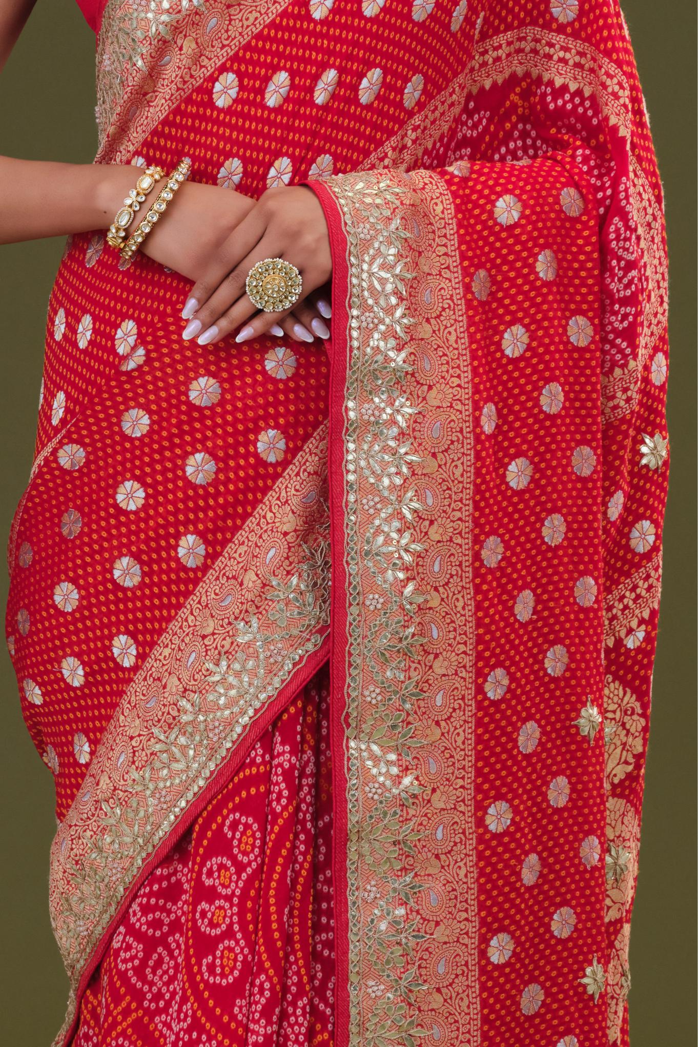 Red Gotta Pati Work Georgette Silk Saree