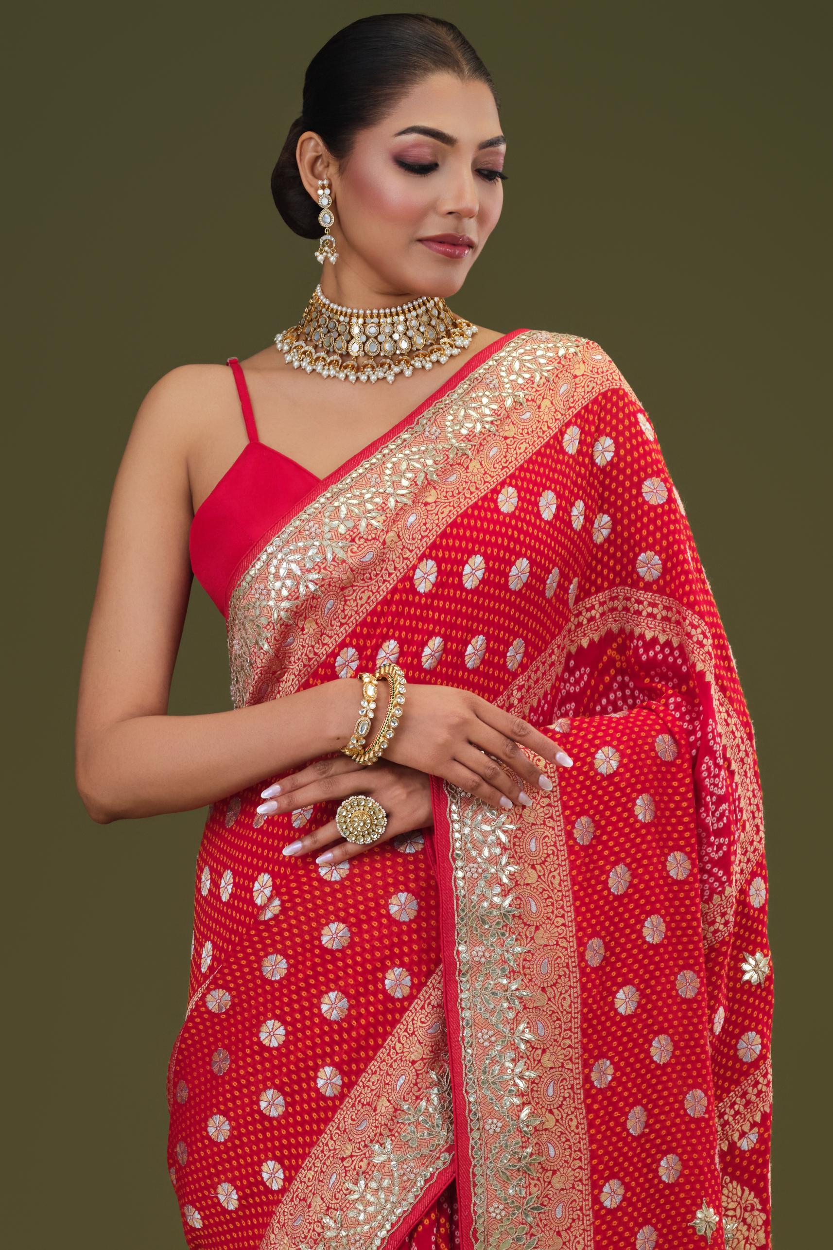 Red Gotta Pati Work Georgette Silk Saree