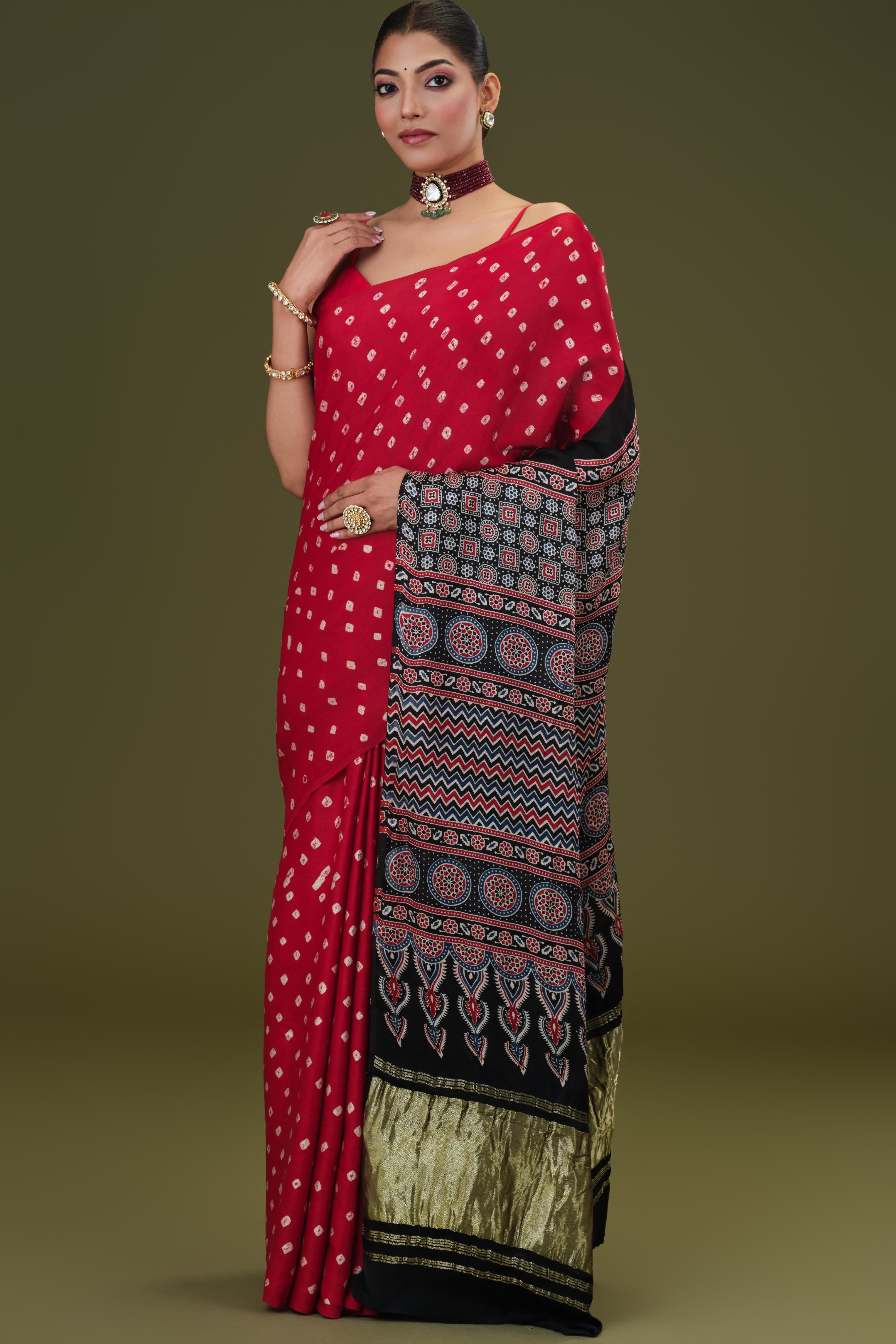 Red Bandhani Modal Silk Saree