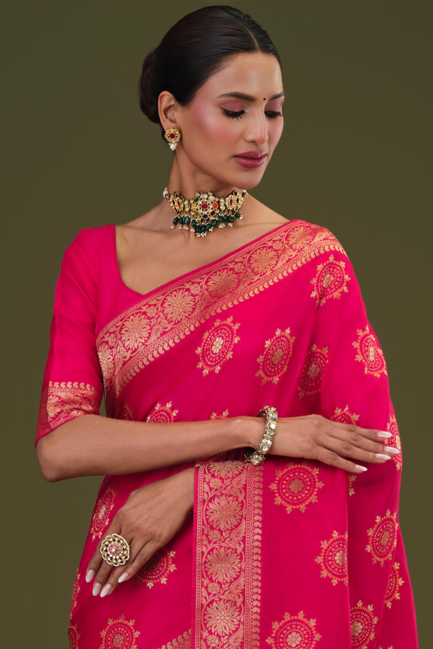 Bright Pink Embroidered Dola Silk Saree