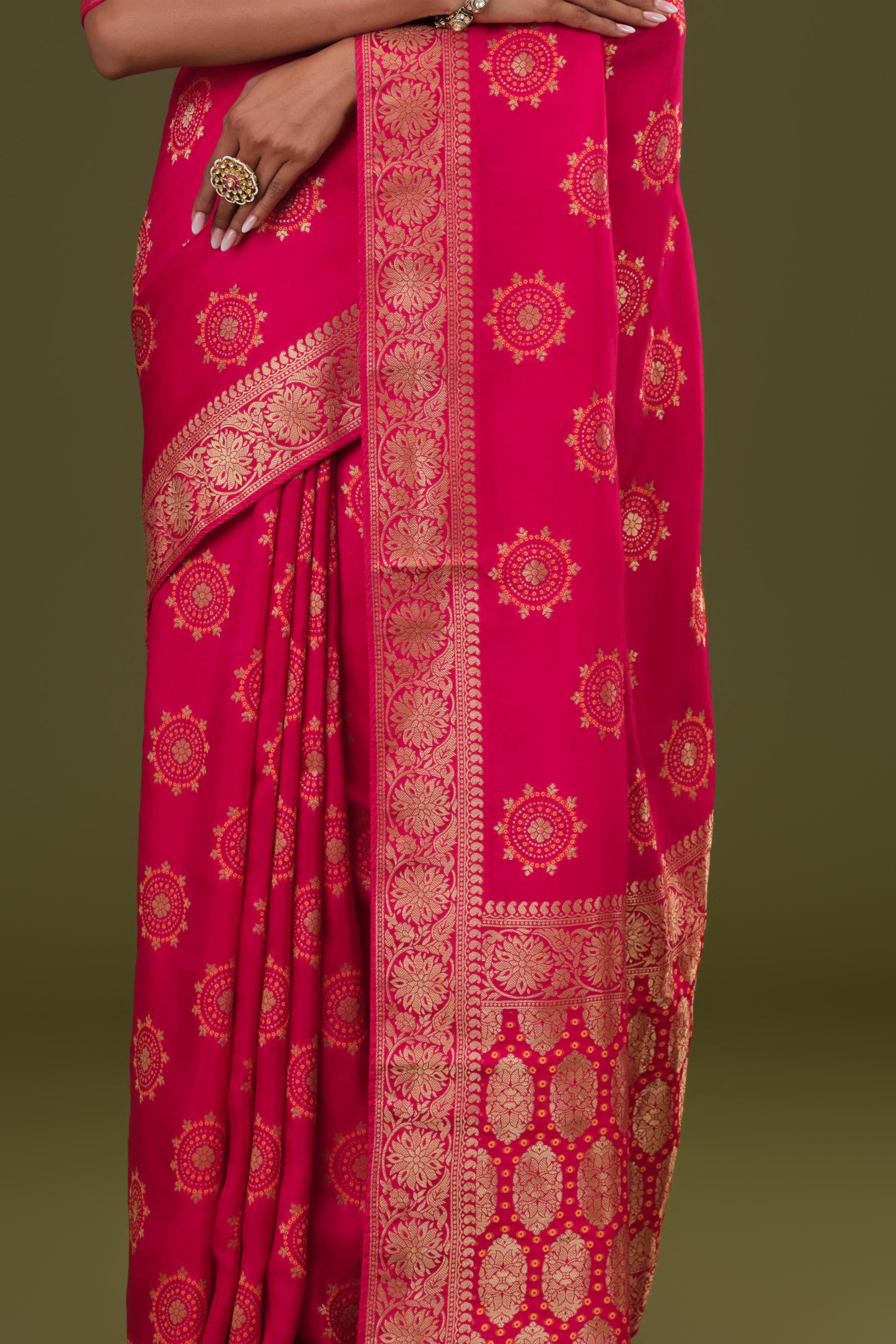 Bright Pink Embroidered Dola Silk Saree