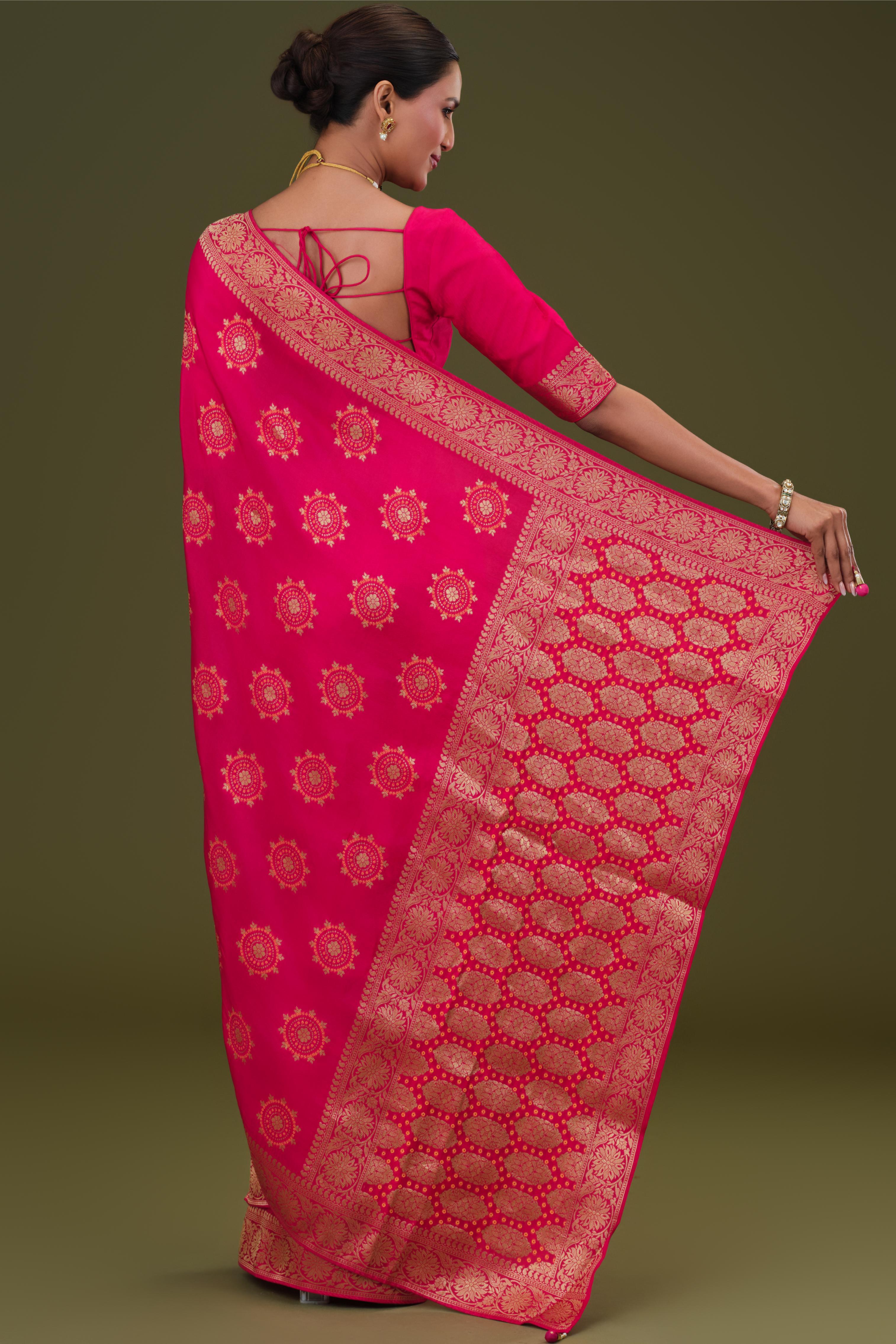 Bright Pink Embroidered Dola Silk Saree