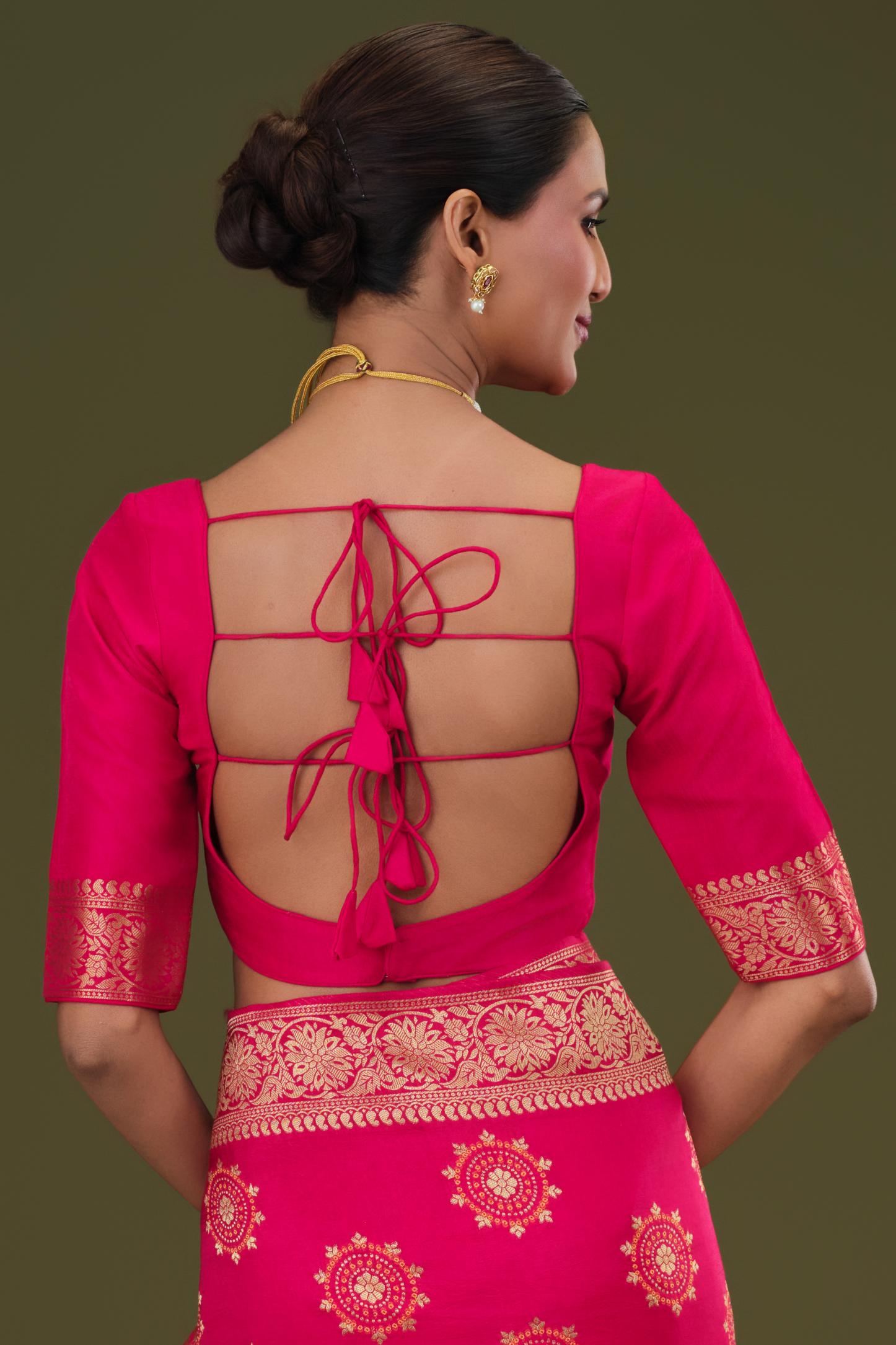 Bright Pink Embroidered Dola Silk Saree
