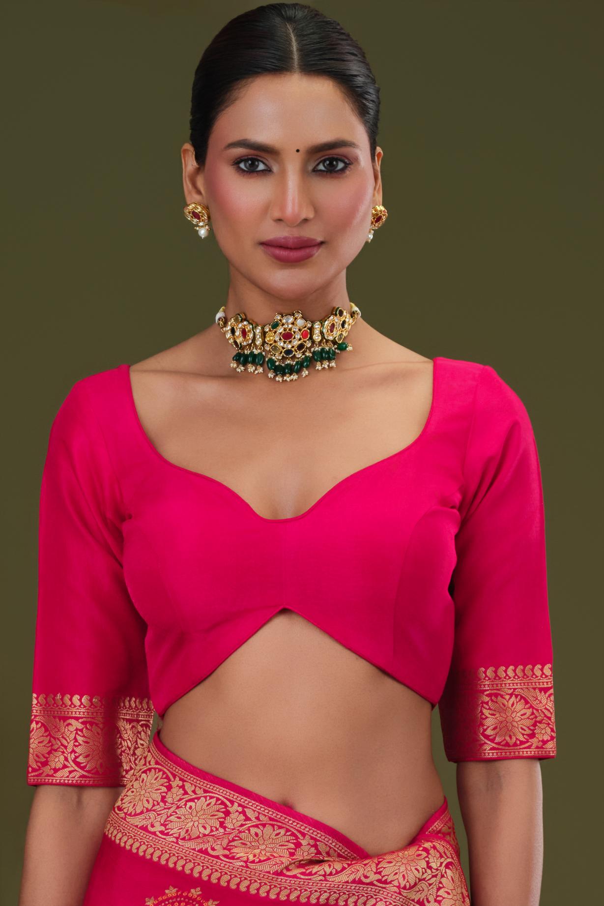 Bright Pink Embroidered Dola Silk Saree