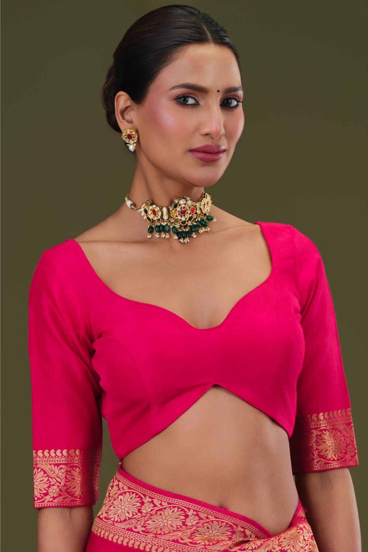Bright Pink Embroidered Dola Silk Saree