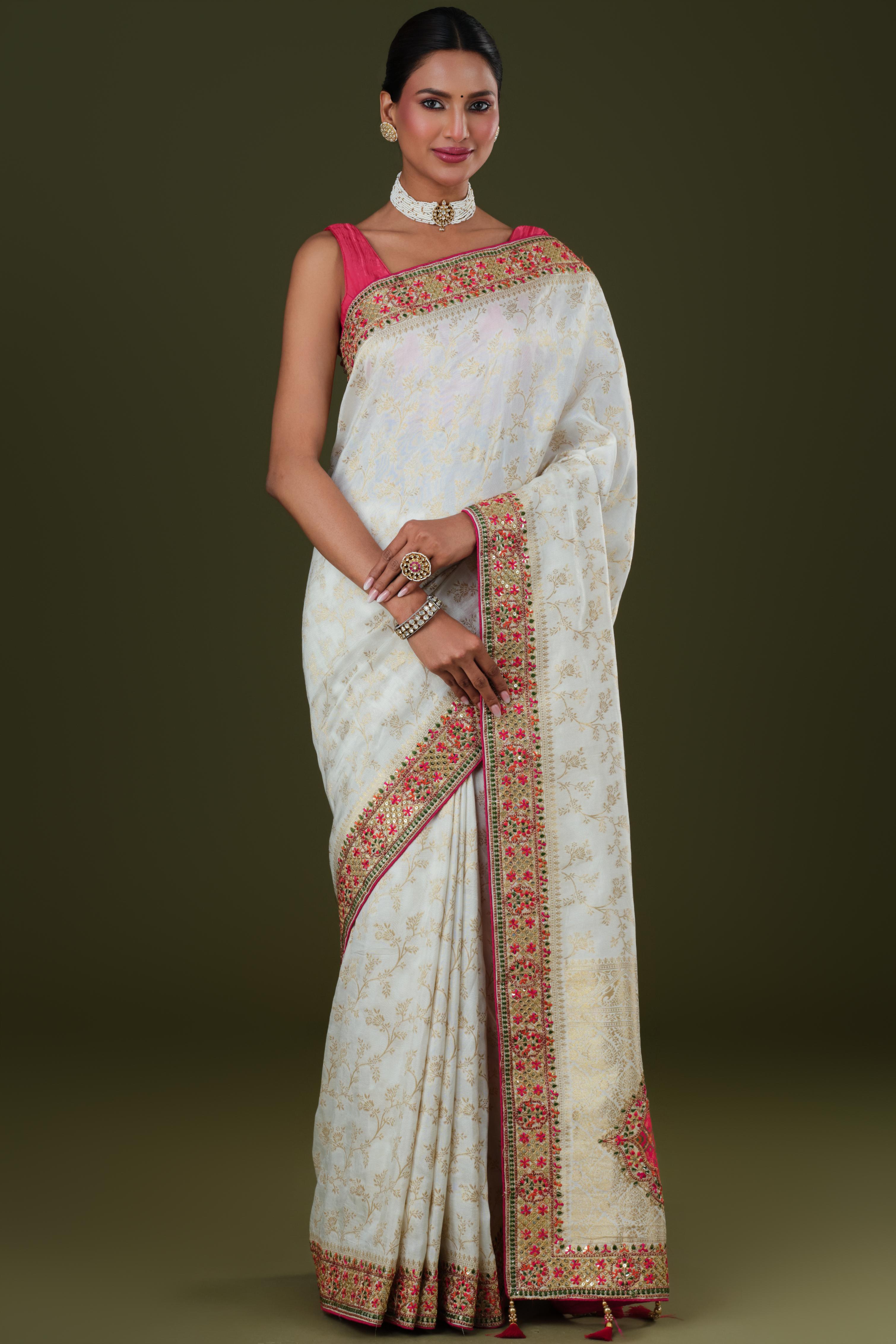 White Embroidered Banarasi Dola Silk Saree