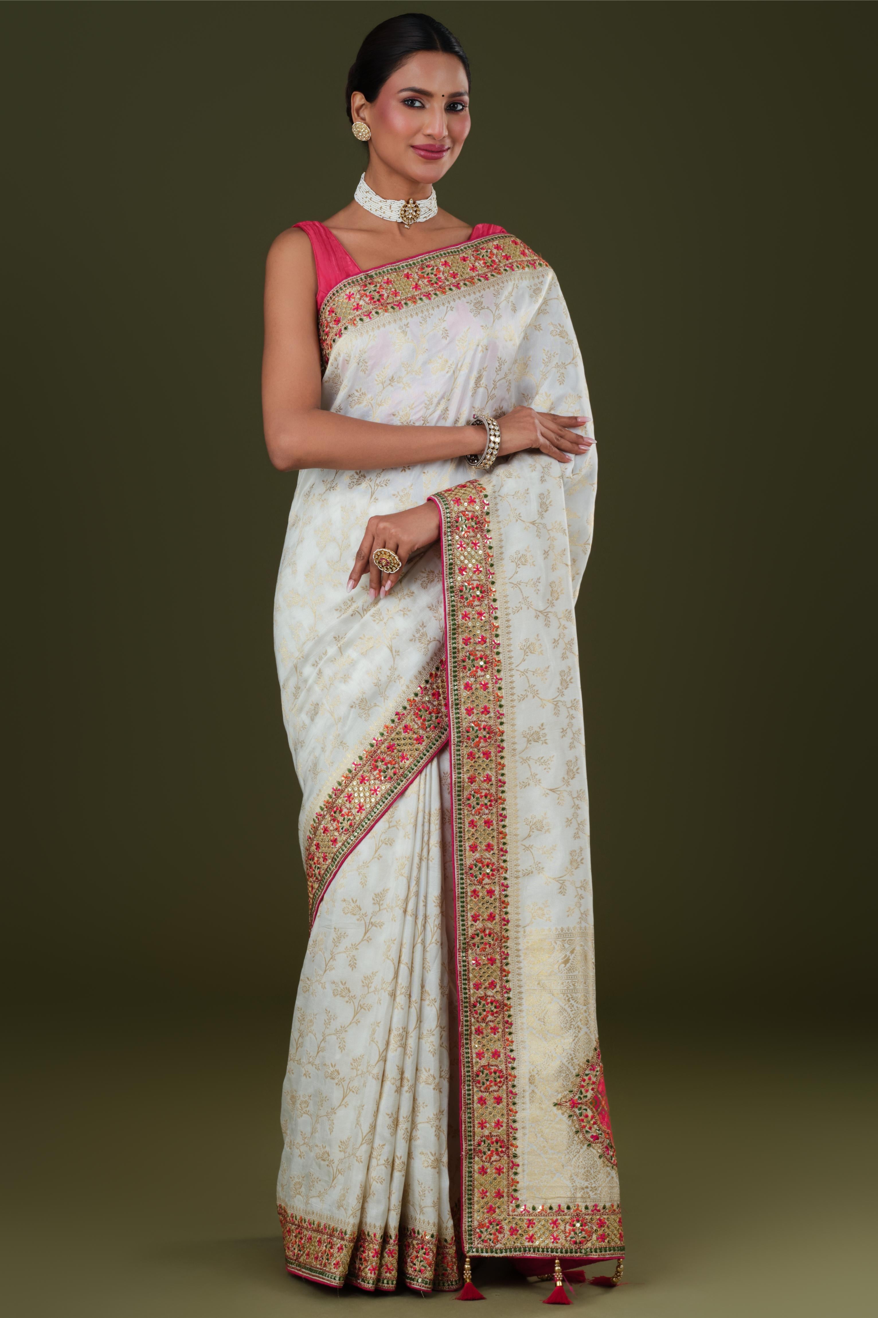 White Embroidered Banarasi Dola Silk Saree