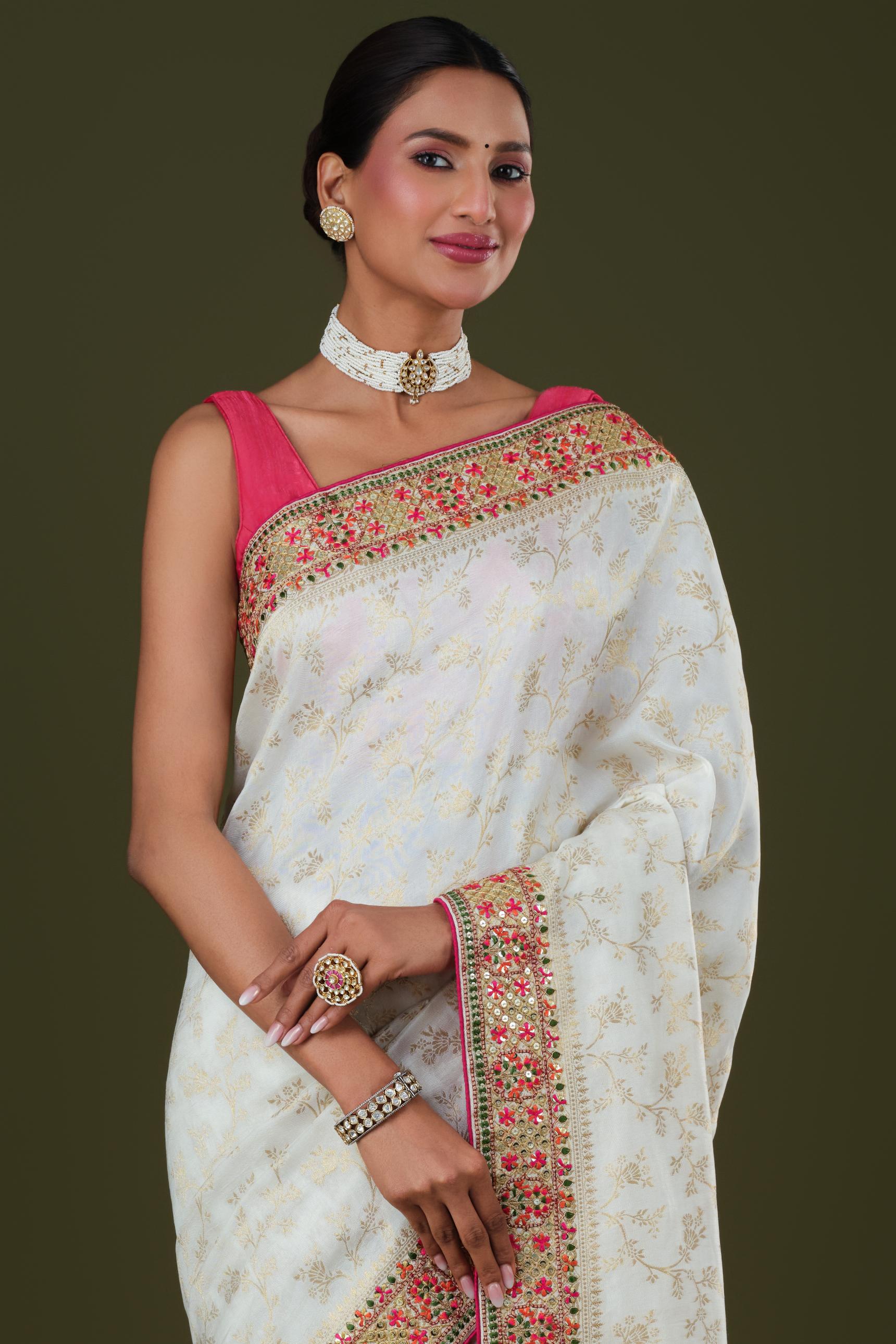 White Embroidered Banarasi Dola Silk Saree