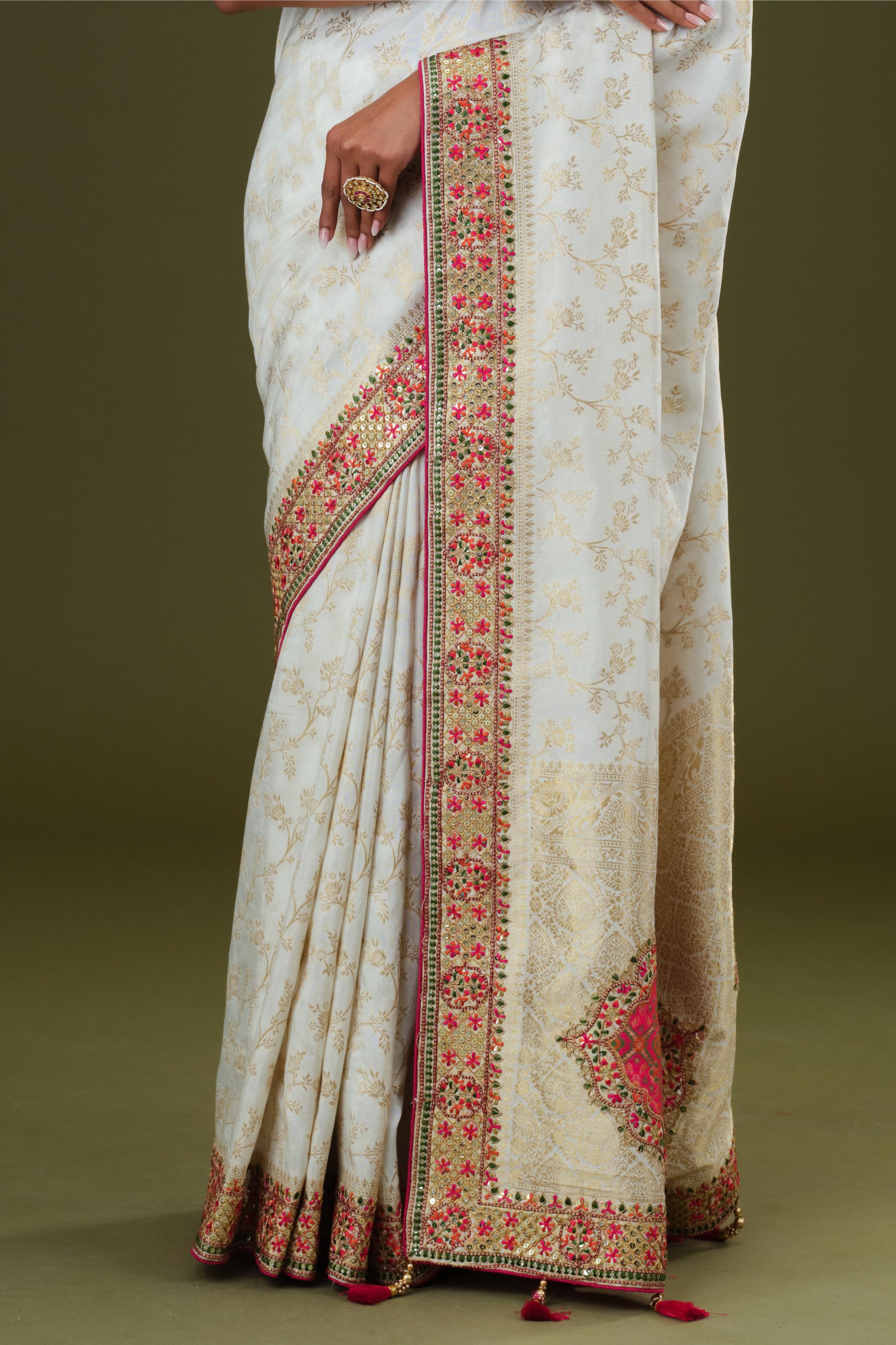 White Embroidered Banarasi Dola Silk Saree