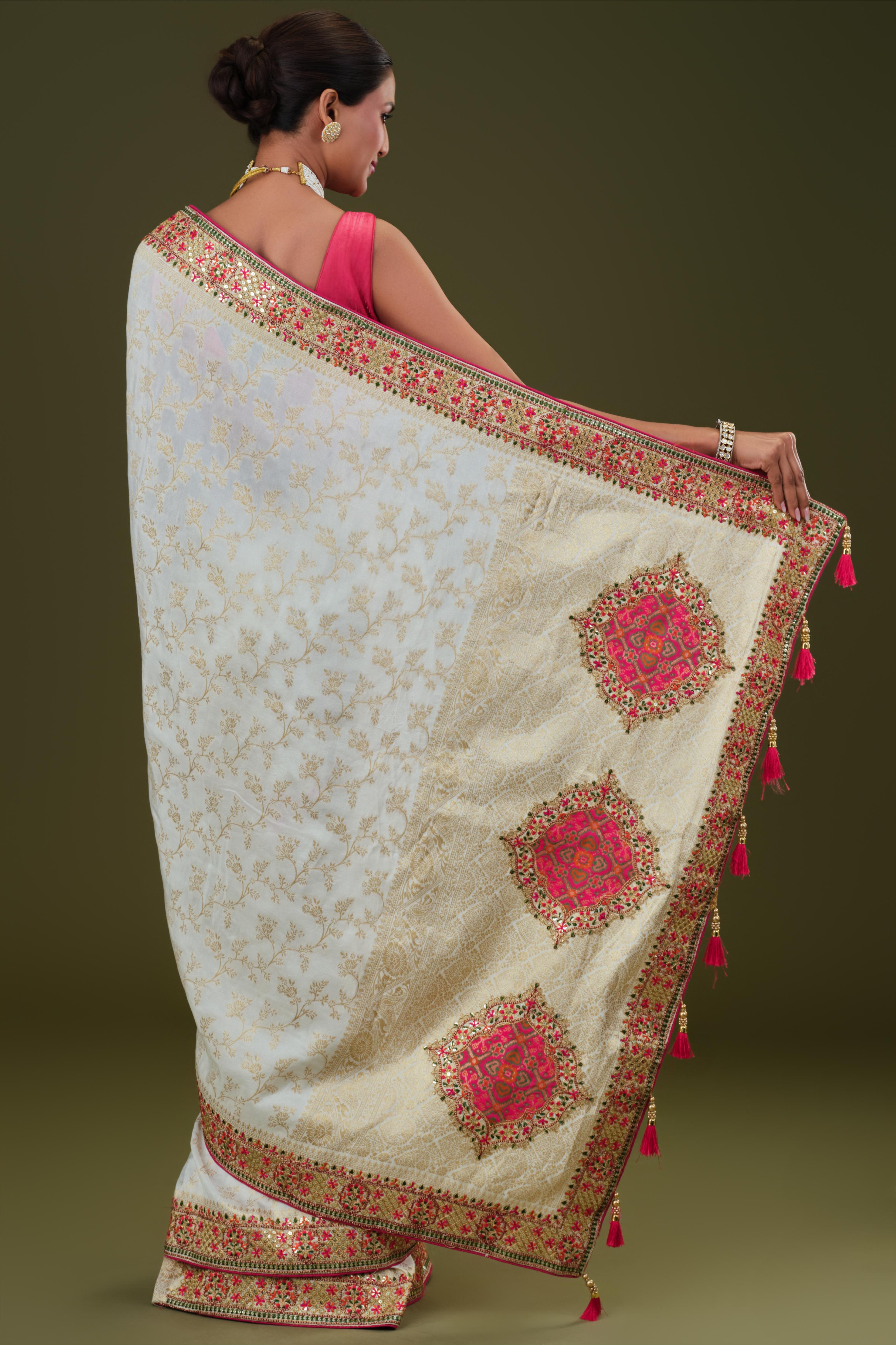 White Embroidered Banarasi Dola Silk Saree