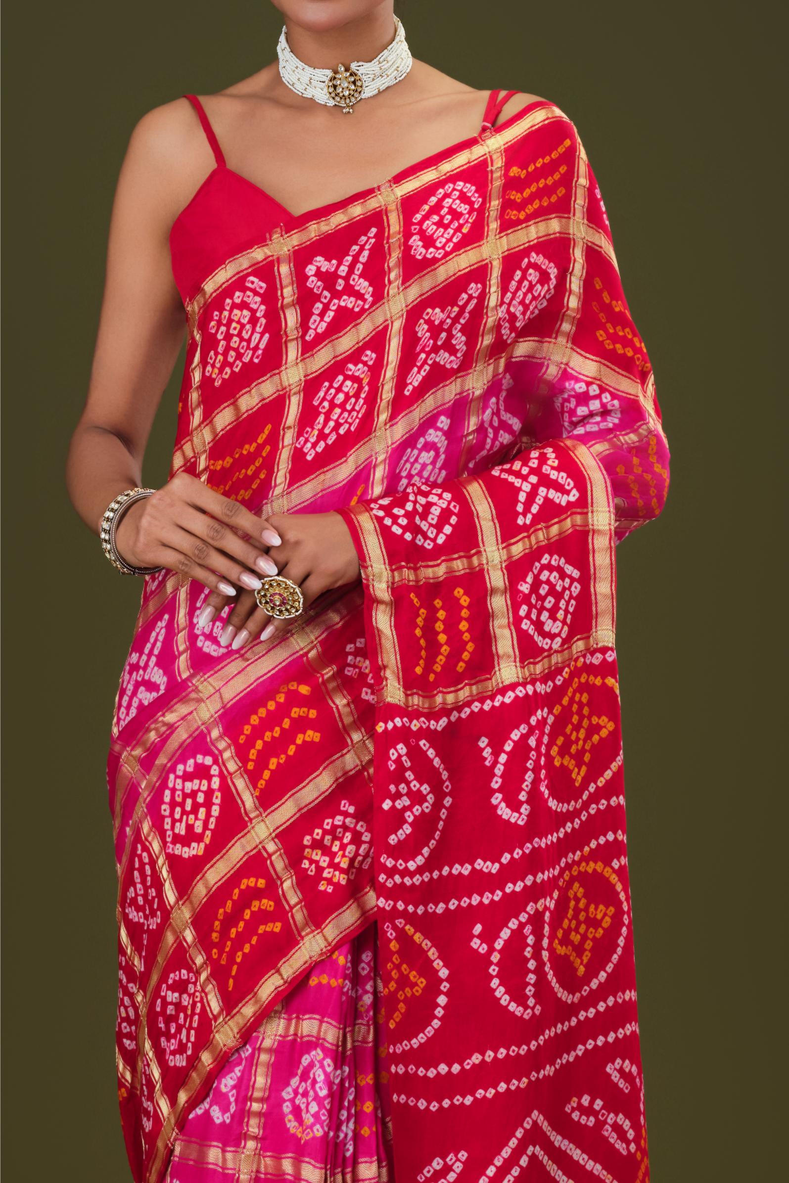 Pink Bandhani Pure Gazzi Silk Saree