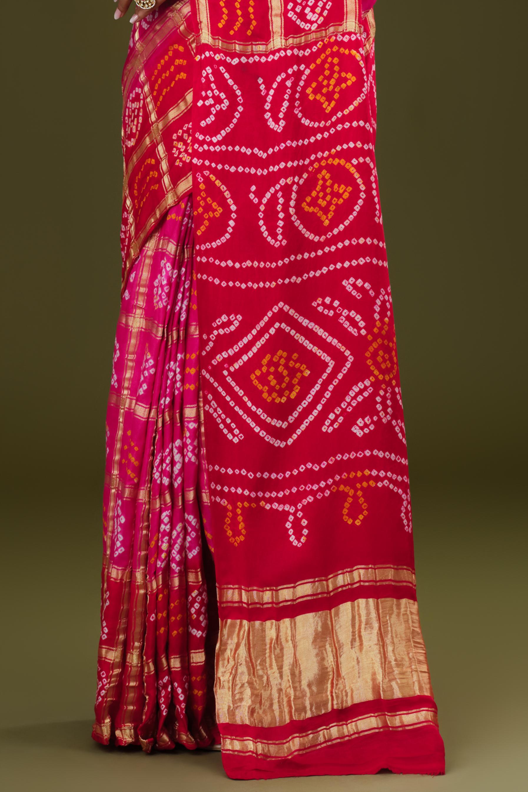 Pink Bandhani Pure Gazzi Silk Saree