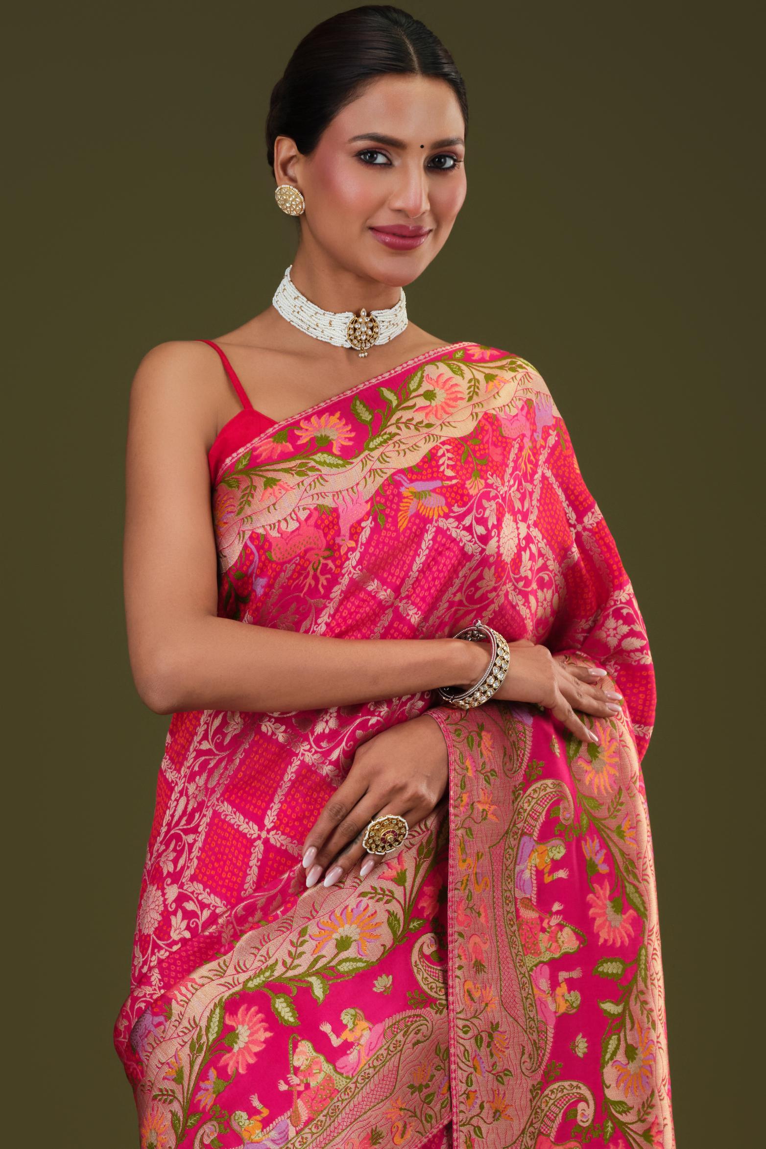 Cerise Pink Woven Pure Satin Silk Saree