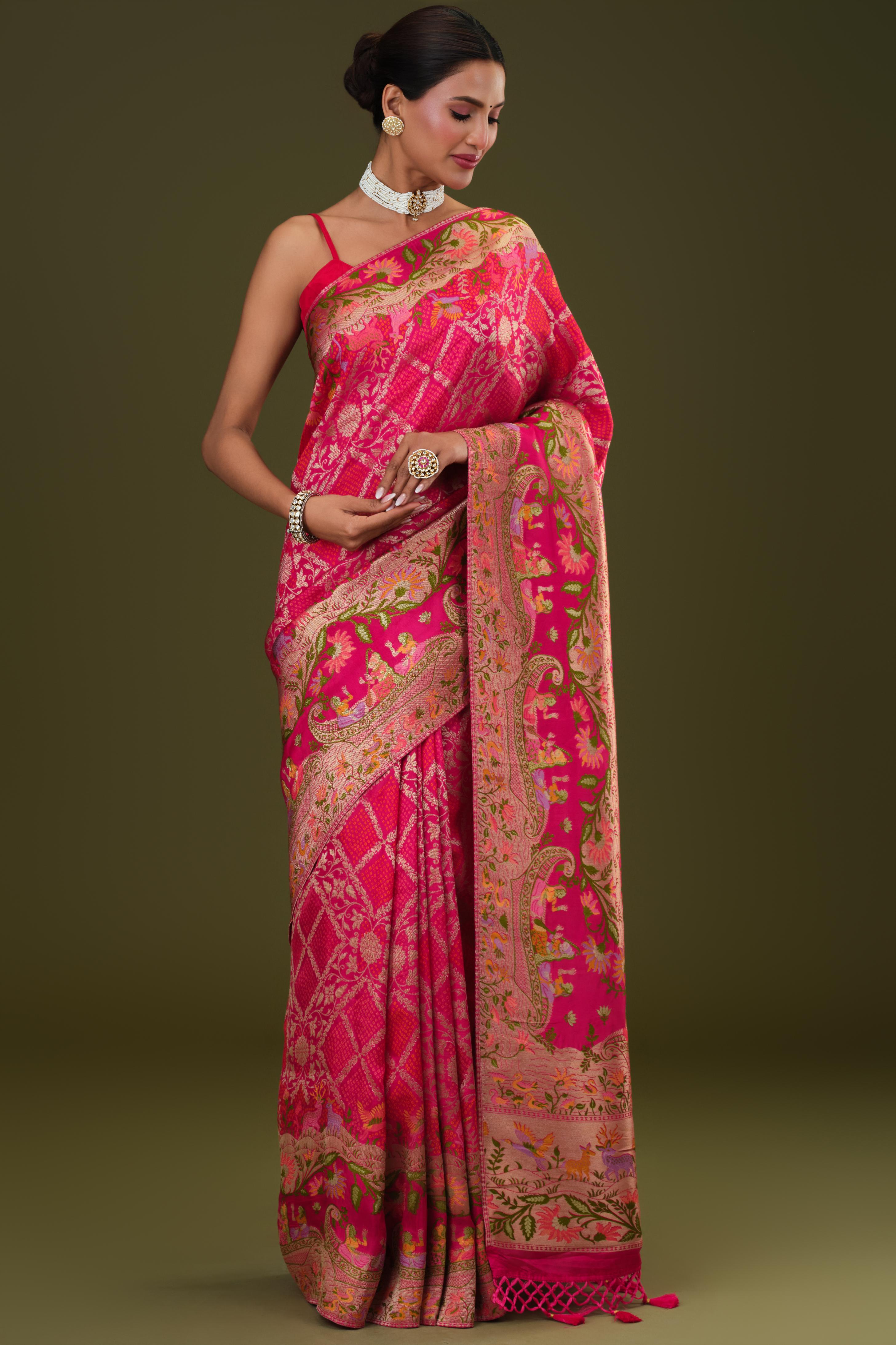 Cerise Pink Woven Pure Satin Silk Saree