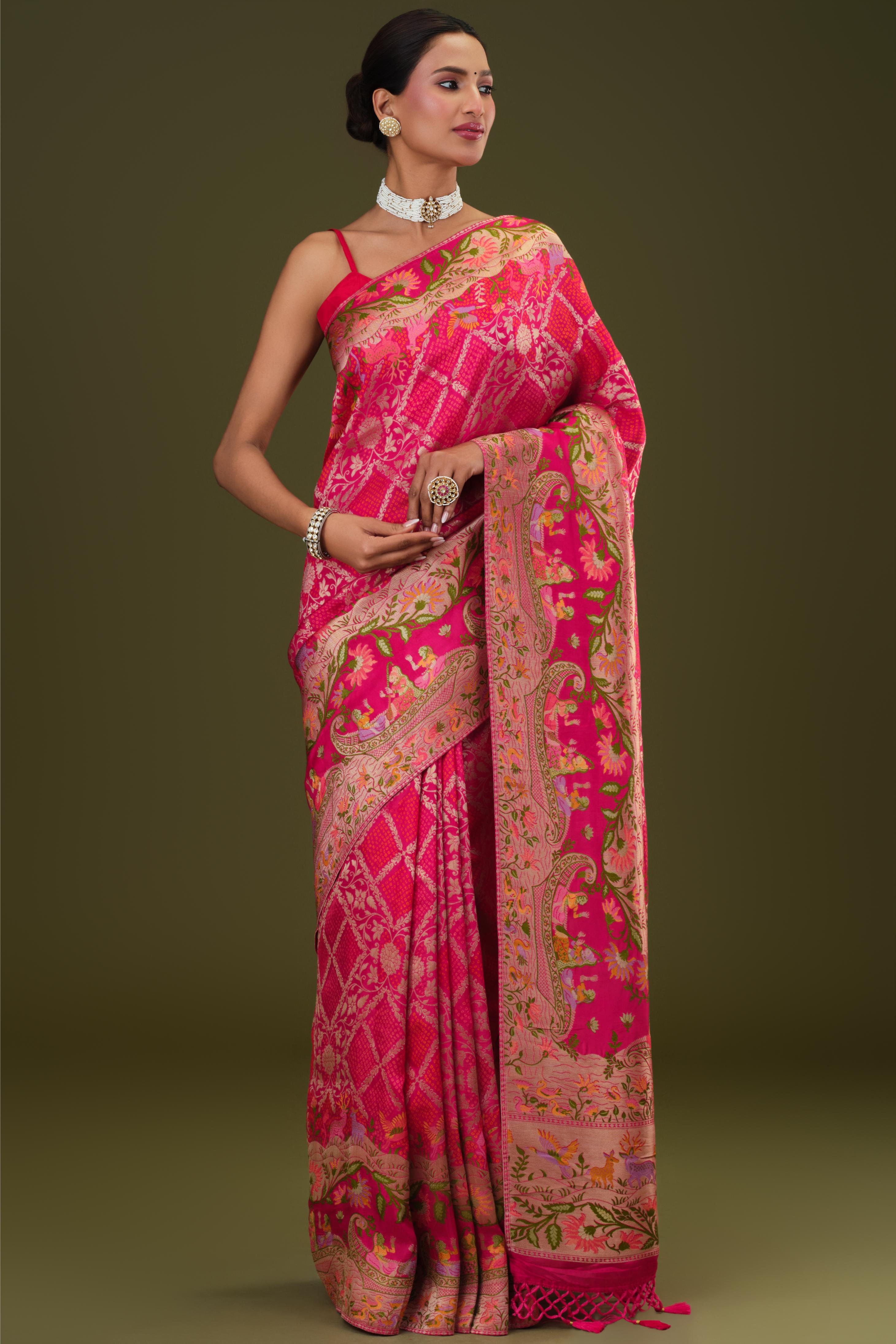 Cerise Pink Woven Pure Satin Silk Saree