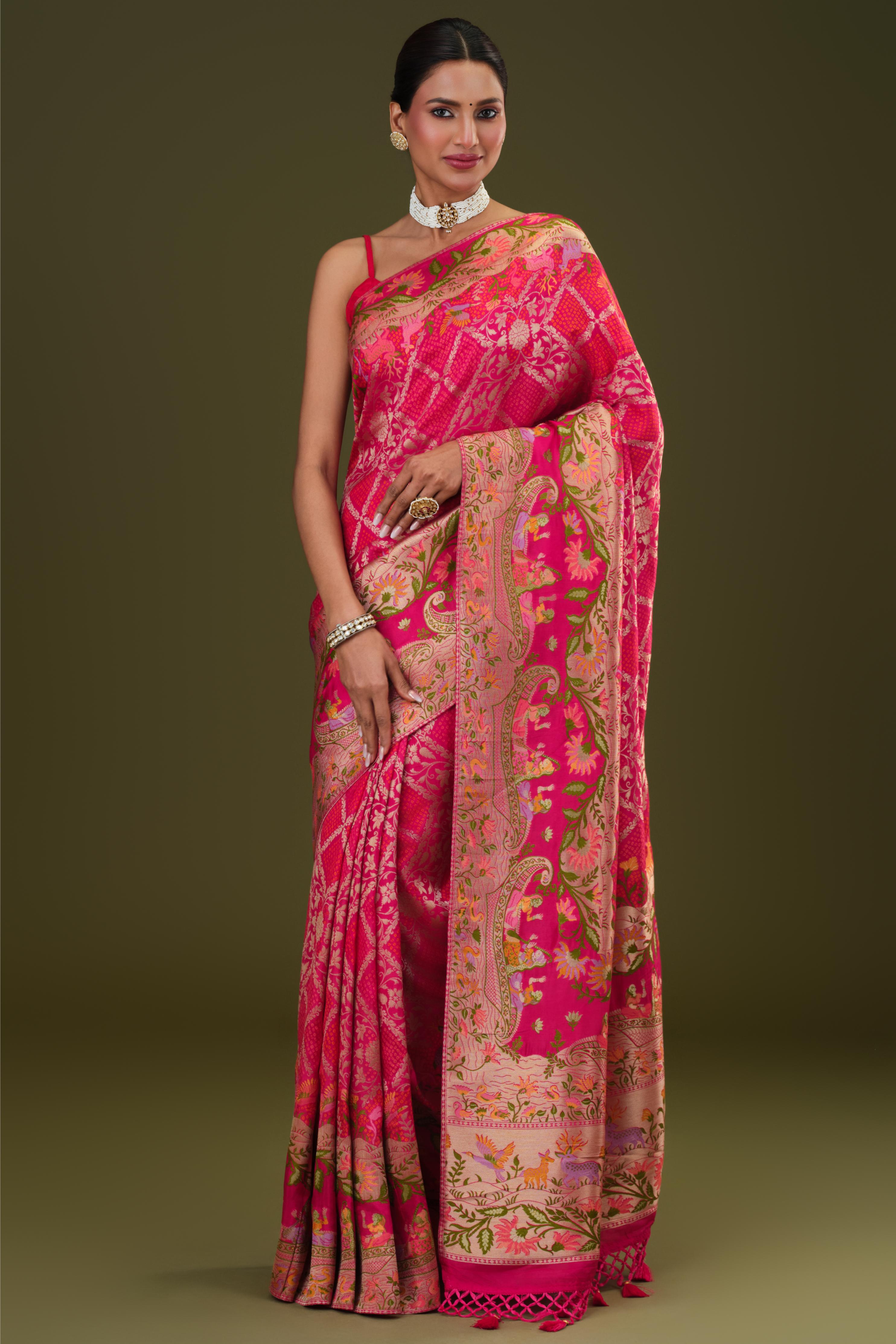 Cerise Pink Woven Pure Satin Silk Saree