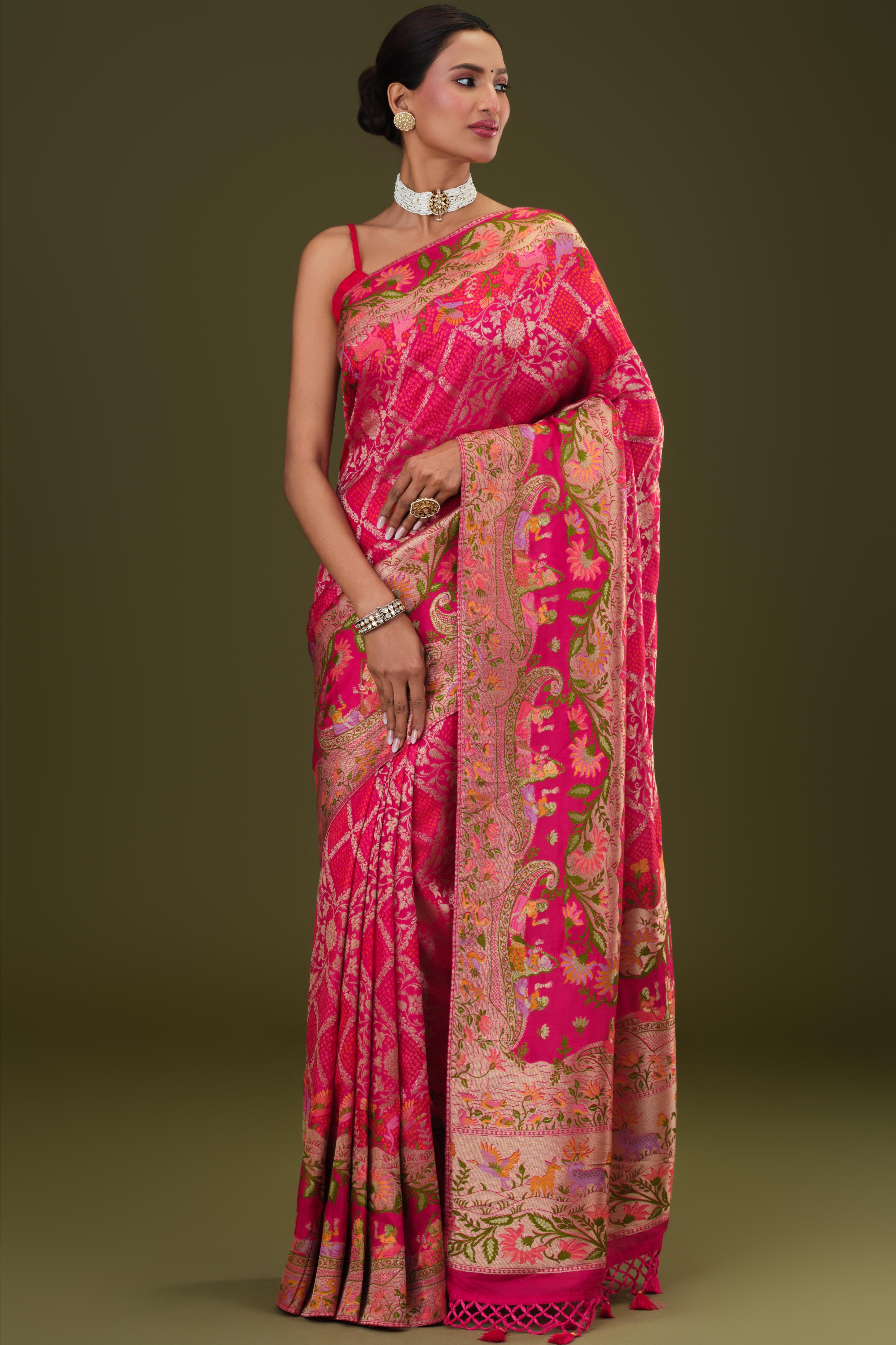 Cerise Pink Woven Pure Satin Silk Saree