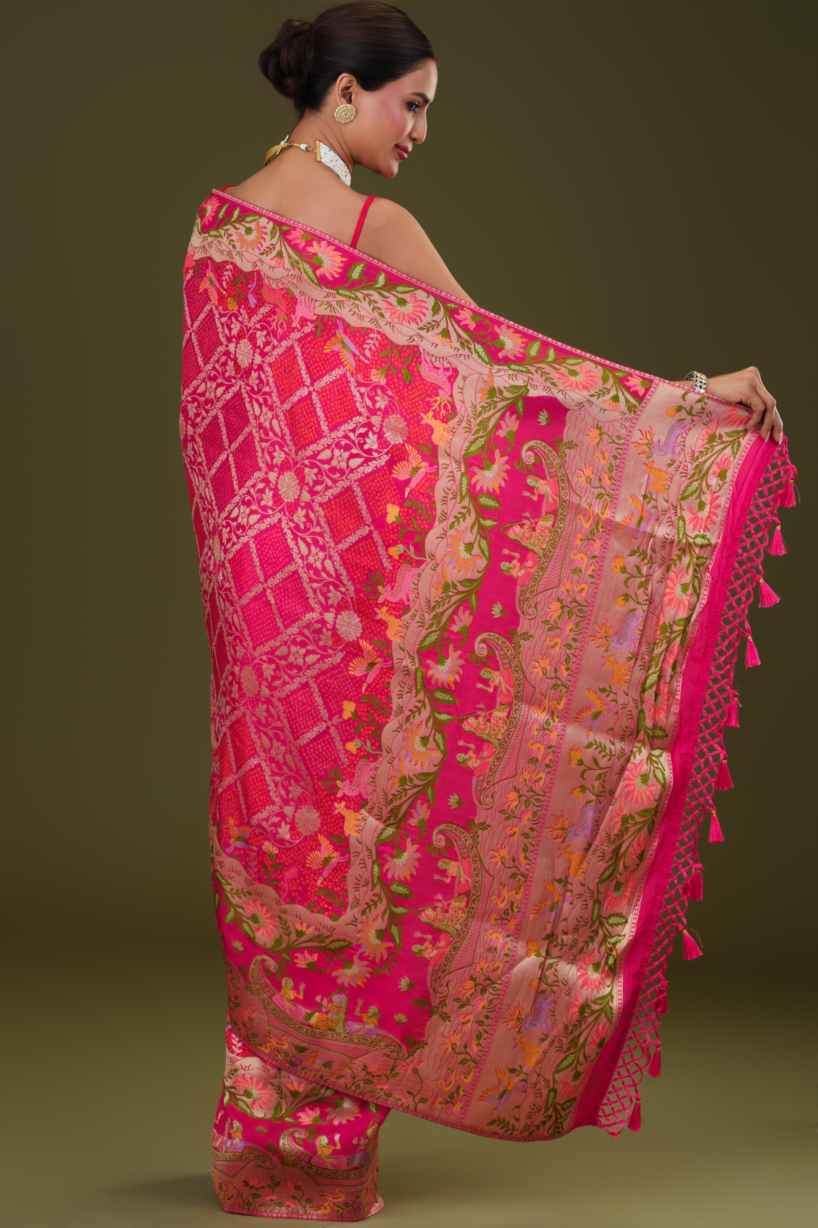 Cerise Pink Woven Pure Satin Silk Saree
