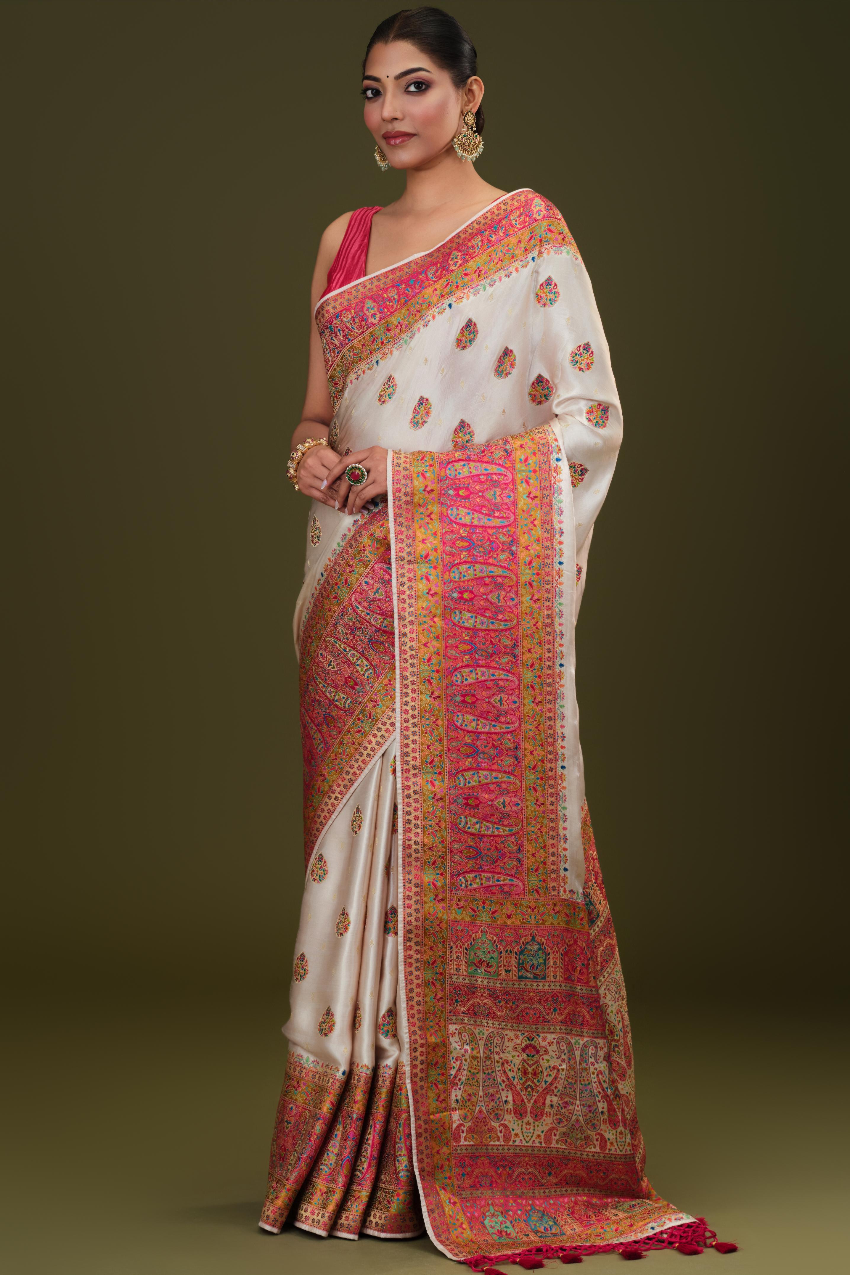 White Woven Pure Satin Silk Saree