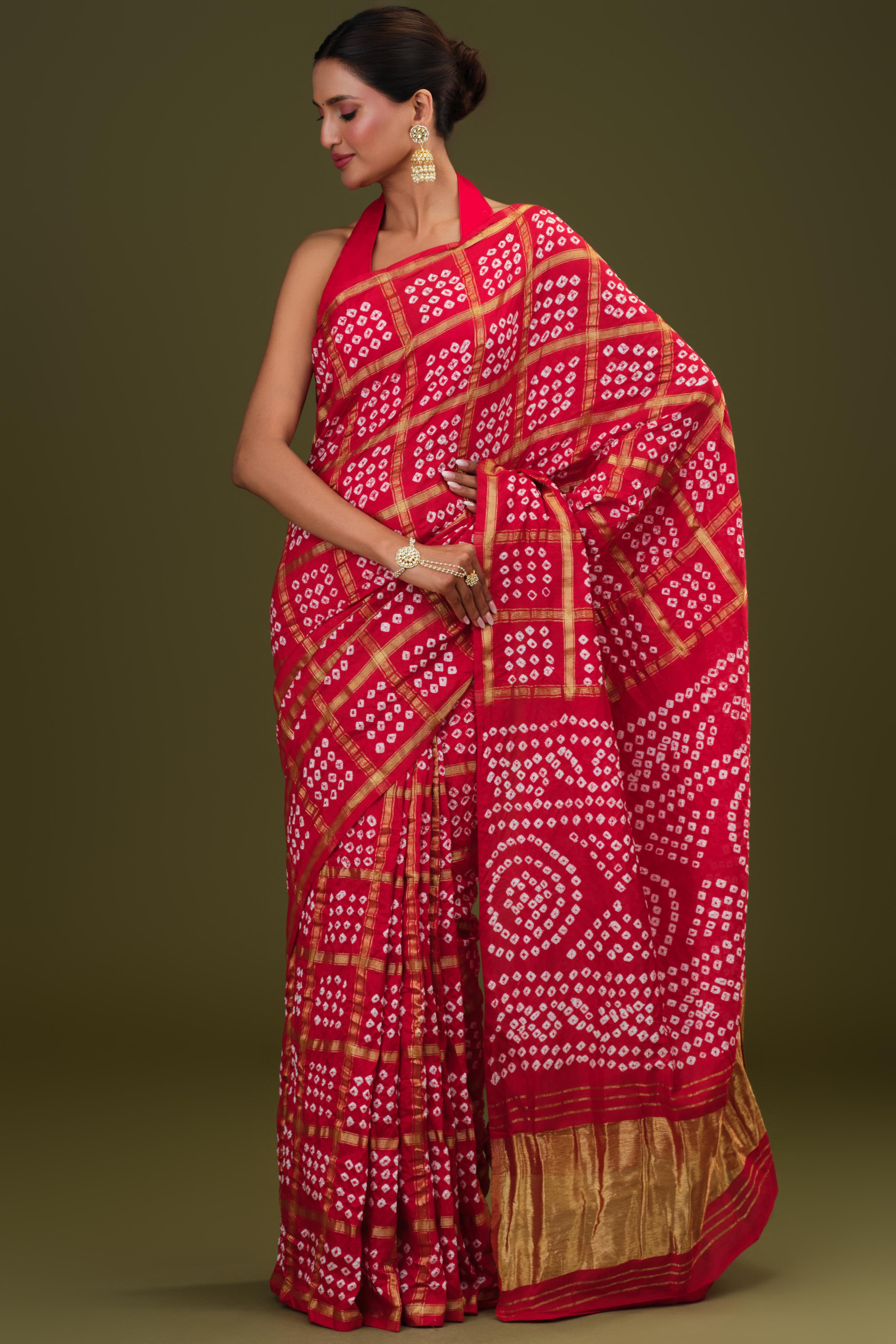 Red Bandhani Dola Silk Saree