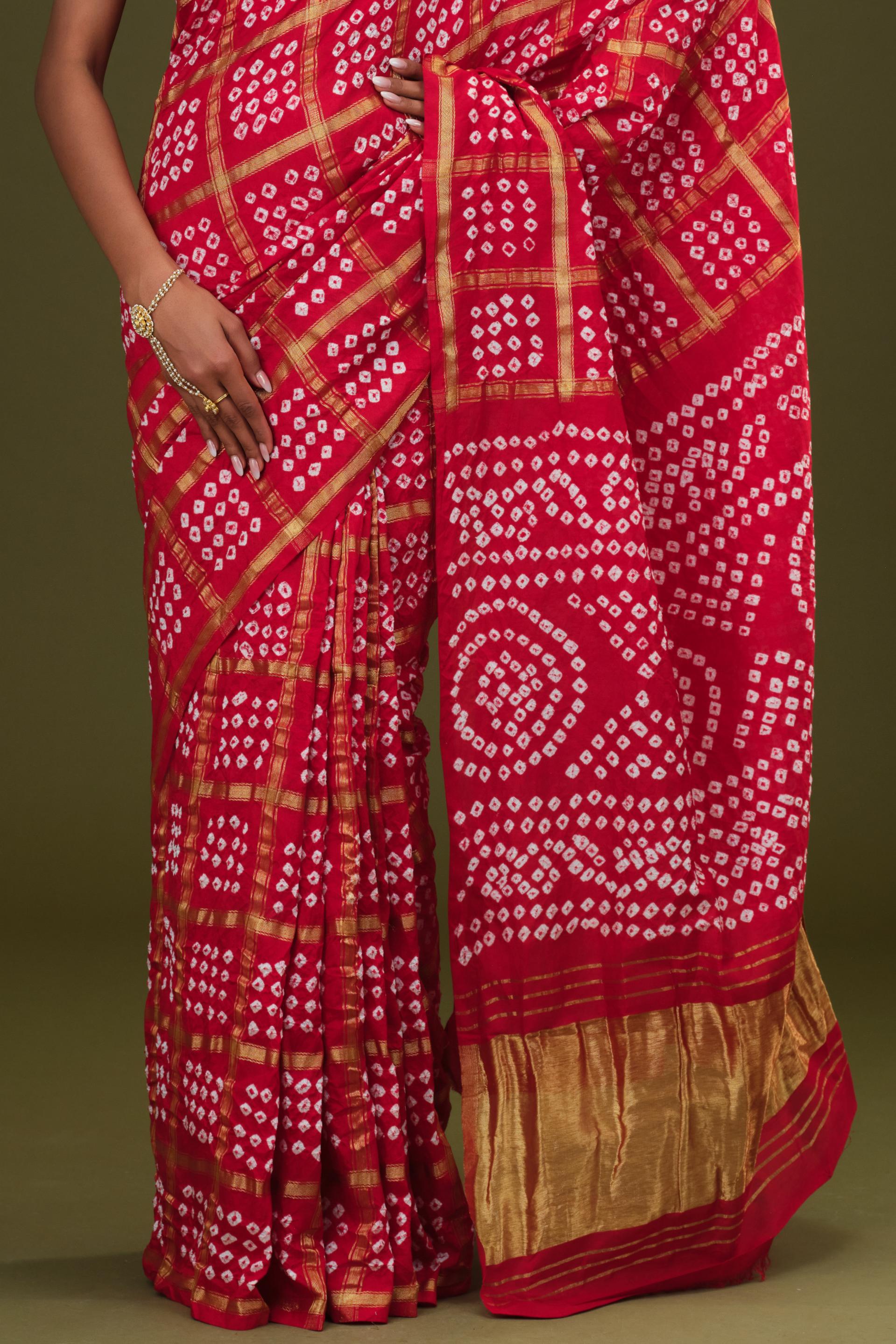 Red Bandhani Dola Silk Saree