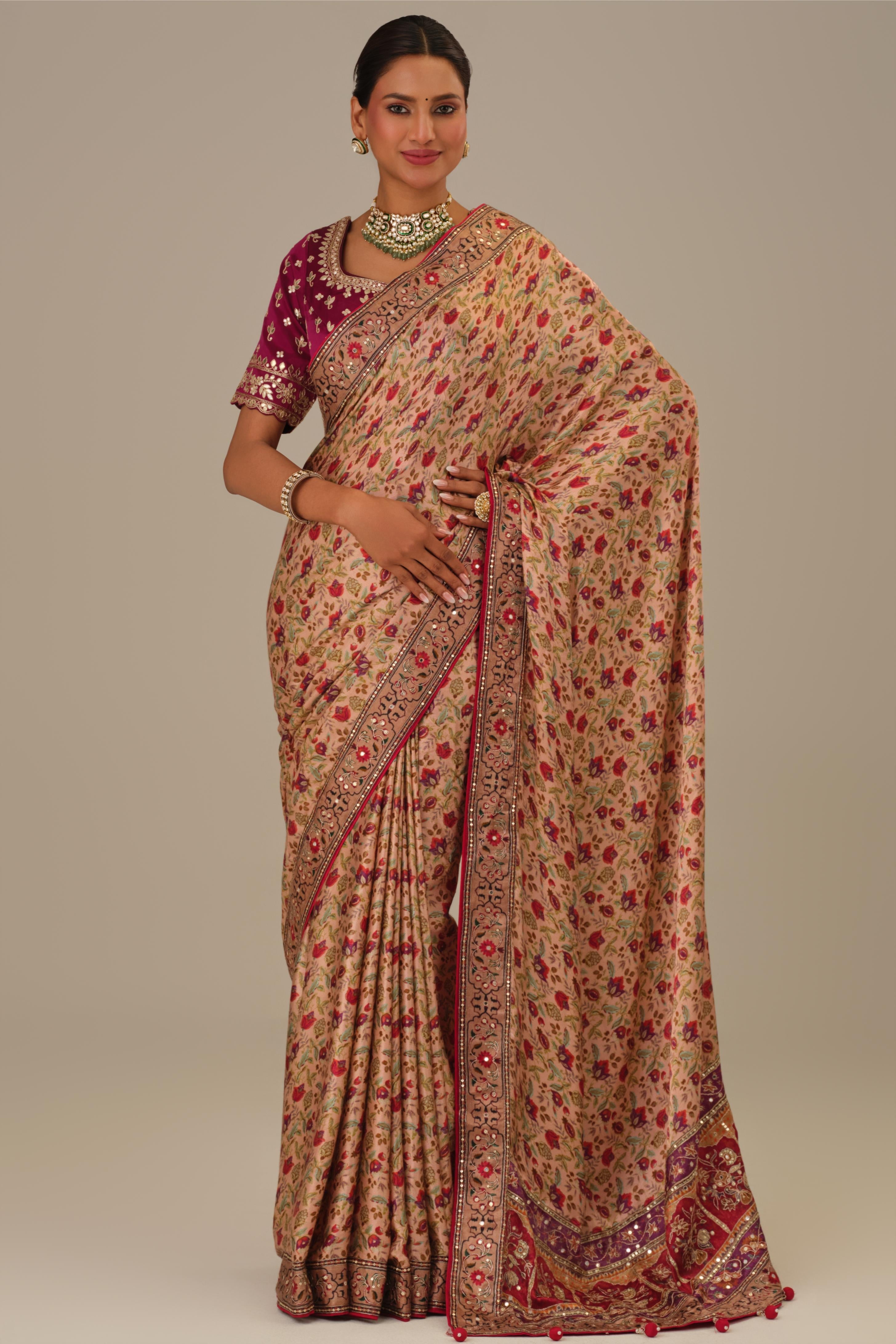 Dusty Rose Printed Modal Satin Silk Saree