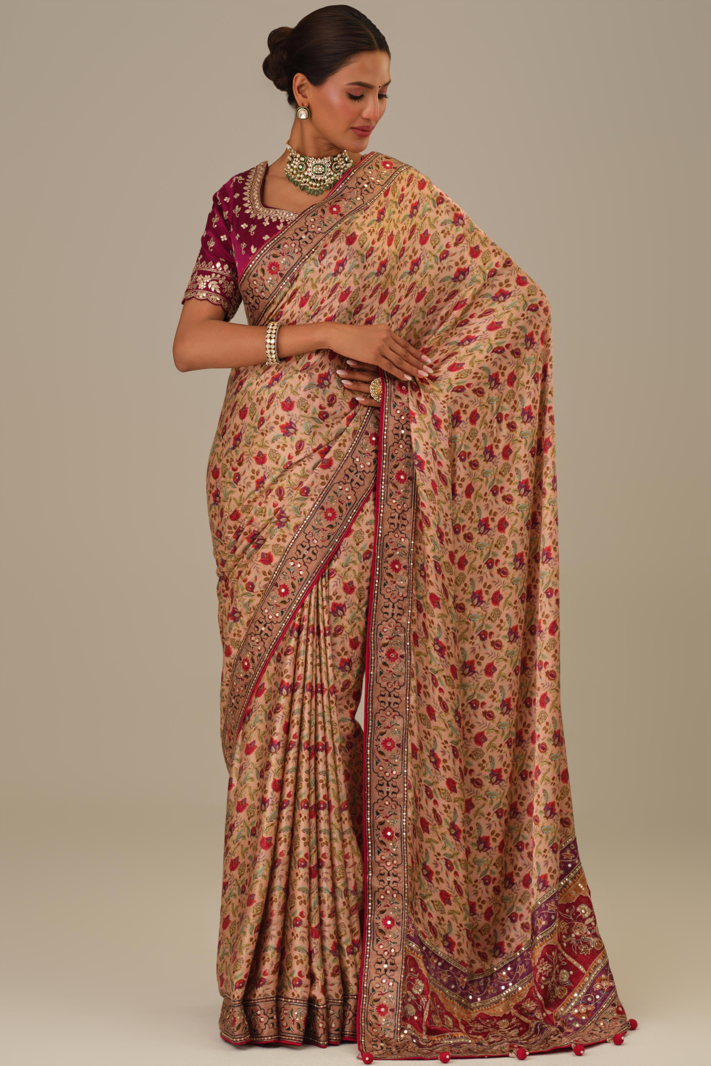 Dusty Rose Printed Modal Satin Silk Saree