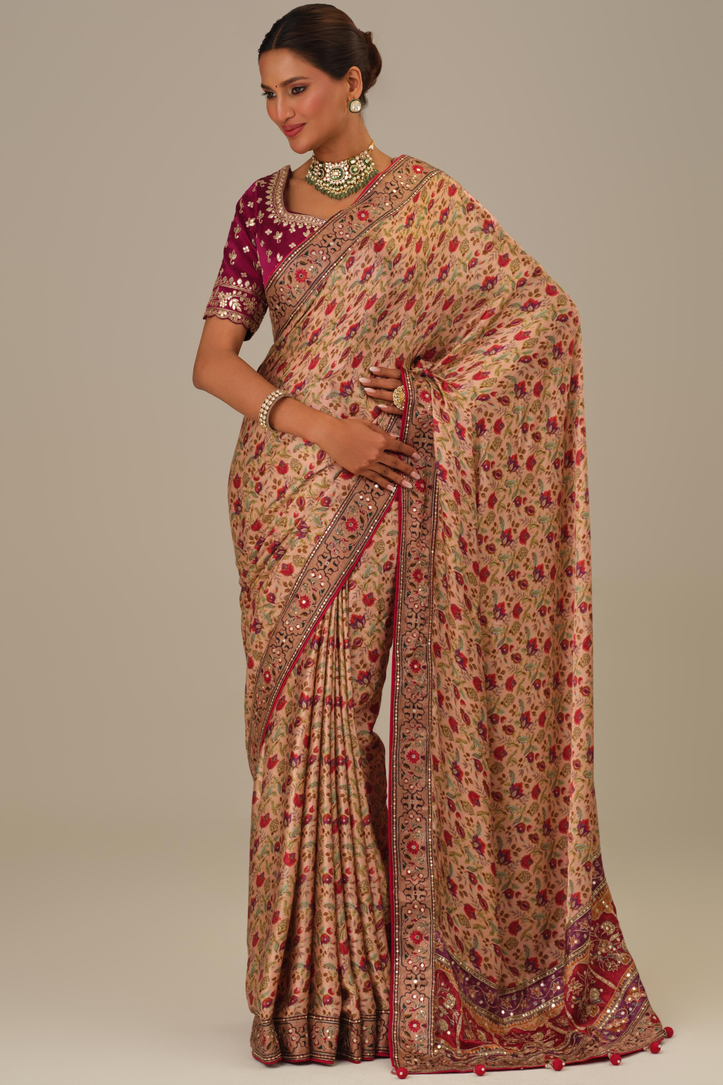 Dusty Rose Printed Modal Satin Silk Saree