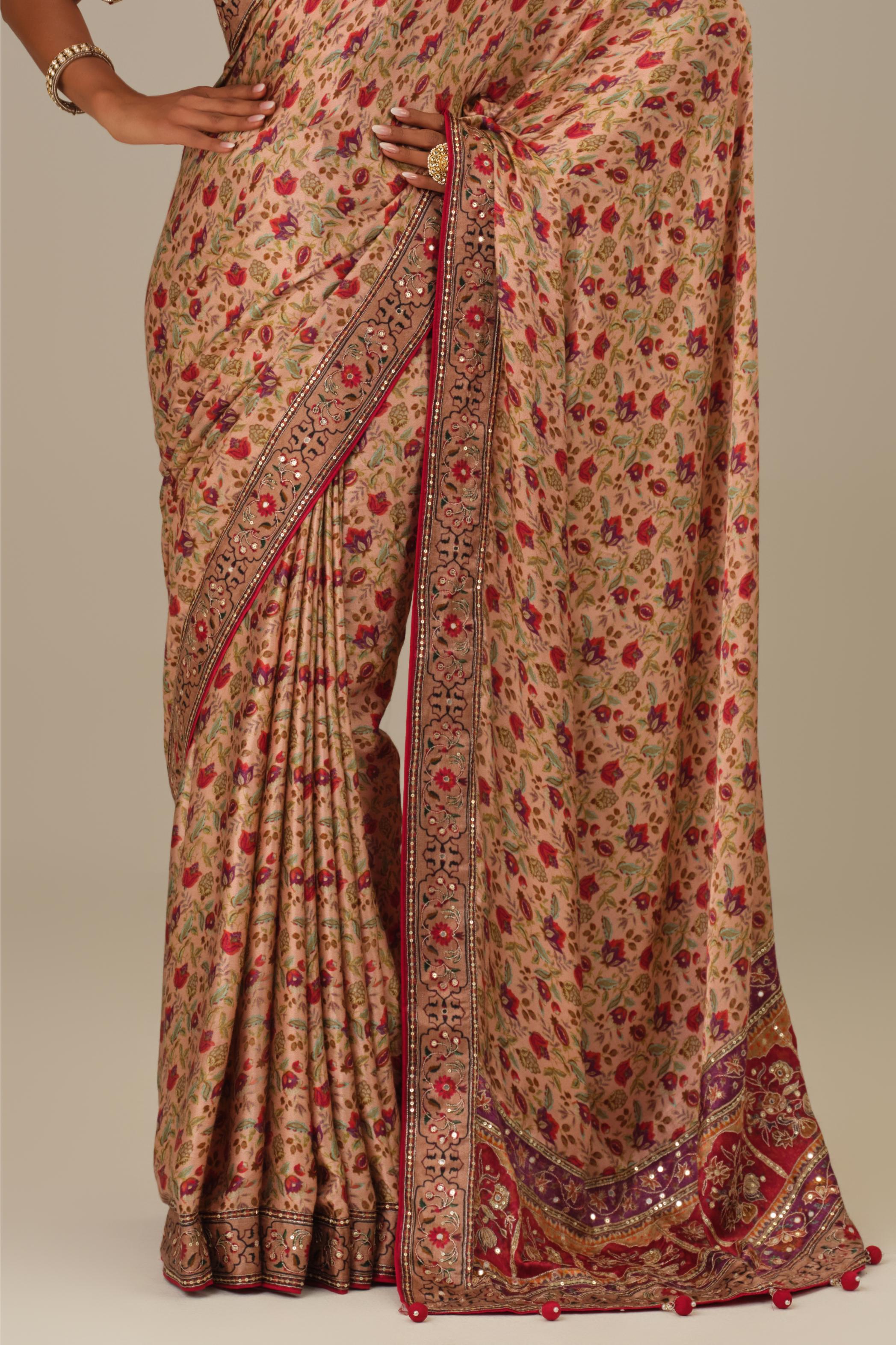 Dusty Rose Printed Modal Satin Silk Saree