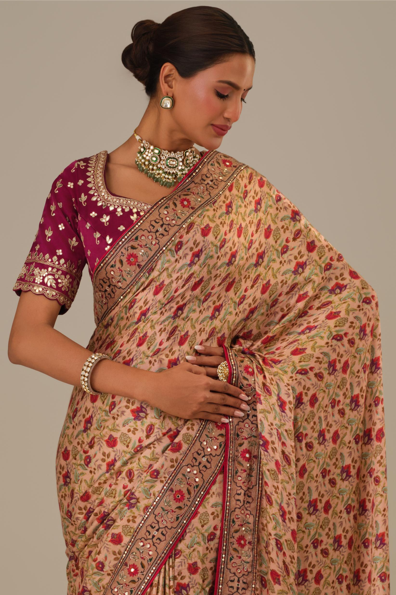 Dusty Rose Printed Modal Satin Silk Saree