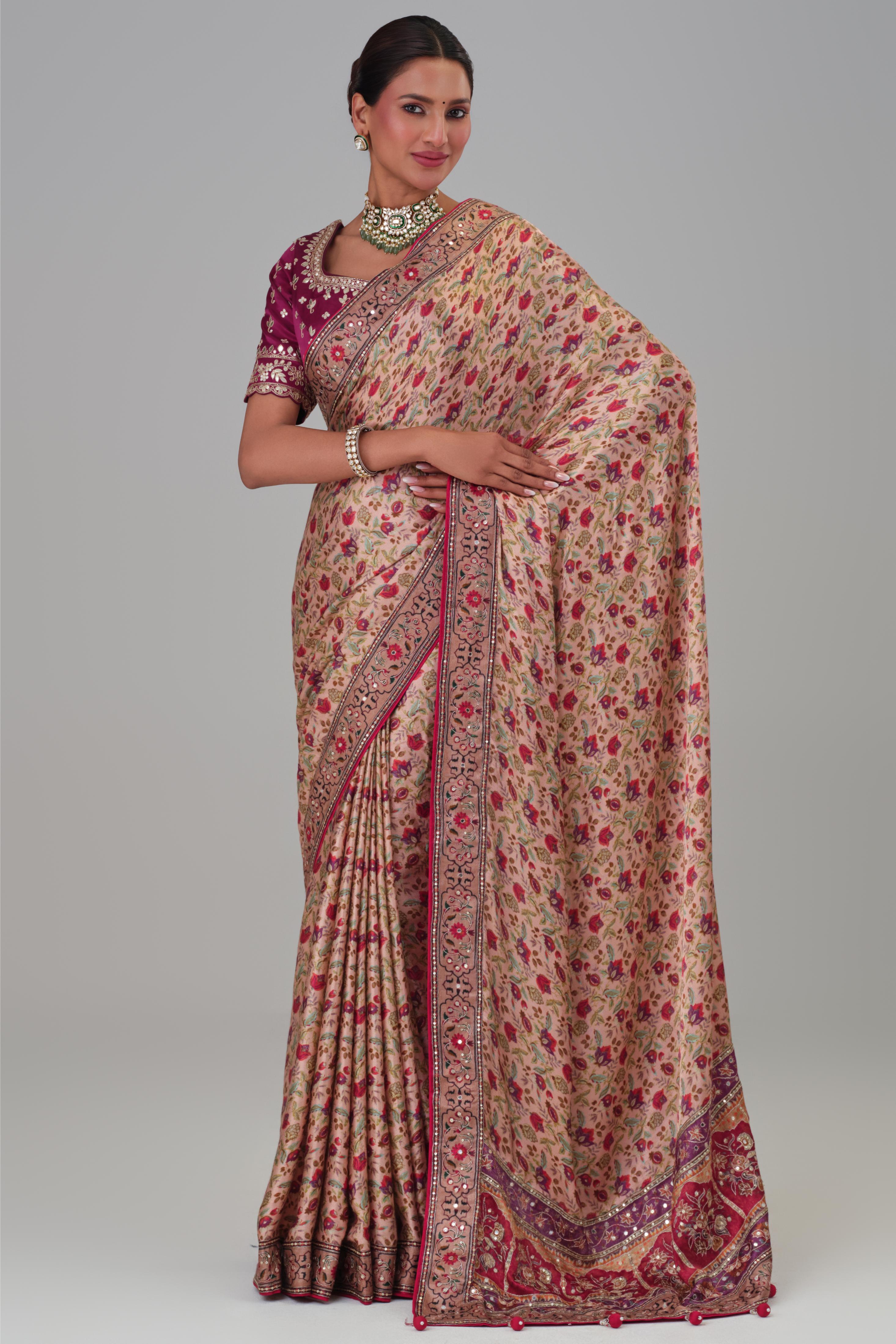 Dusty Rose Printed Modal Satin Silk Saree