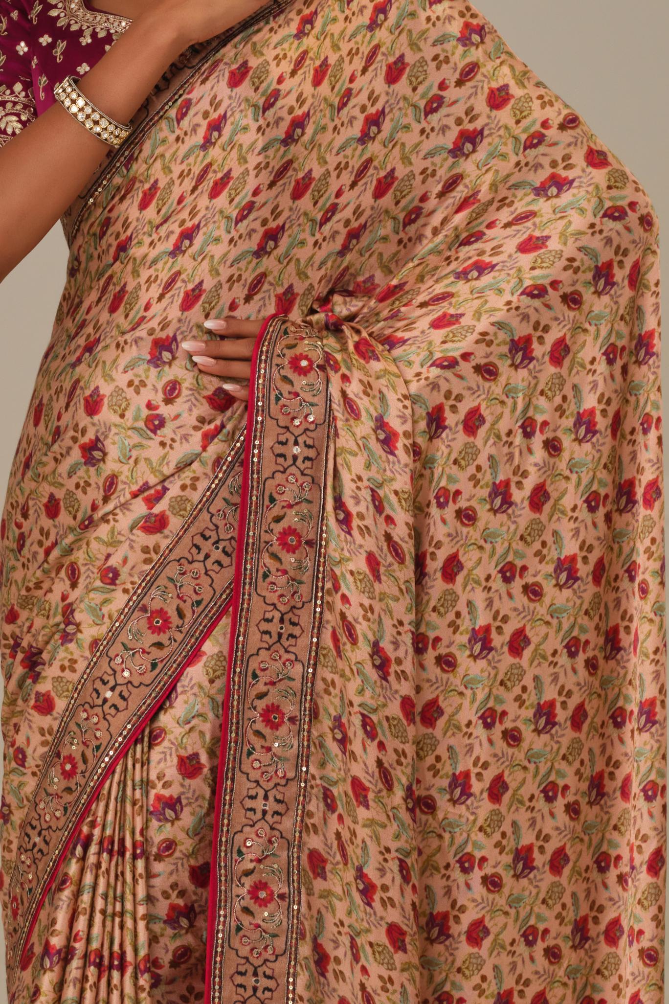 Dusty Rose Printed Modal Satin Silk Saree