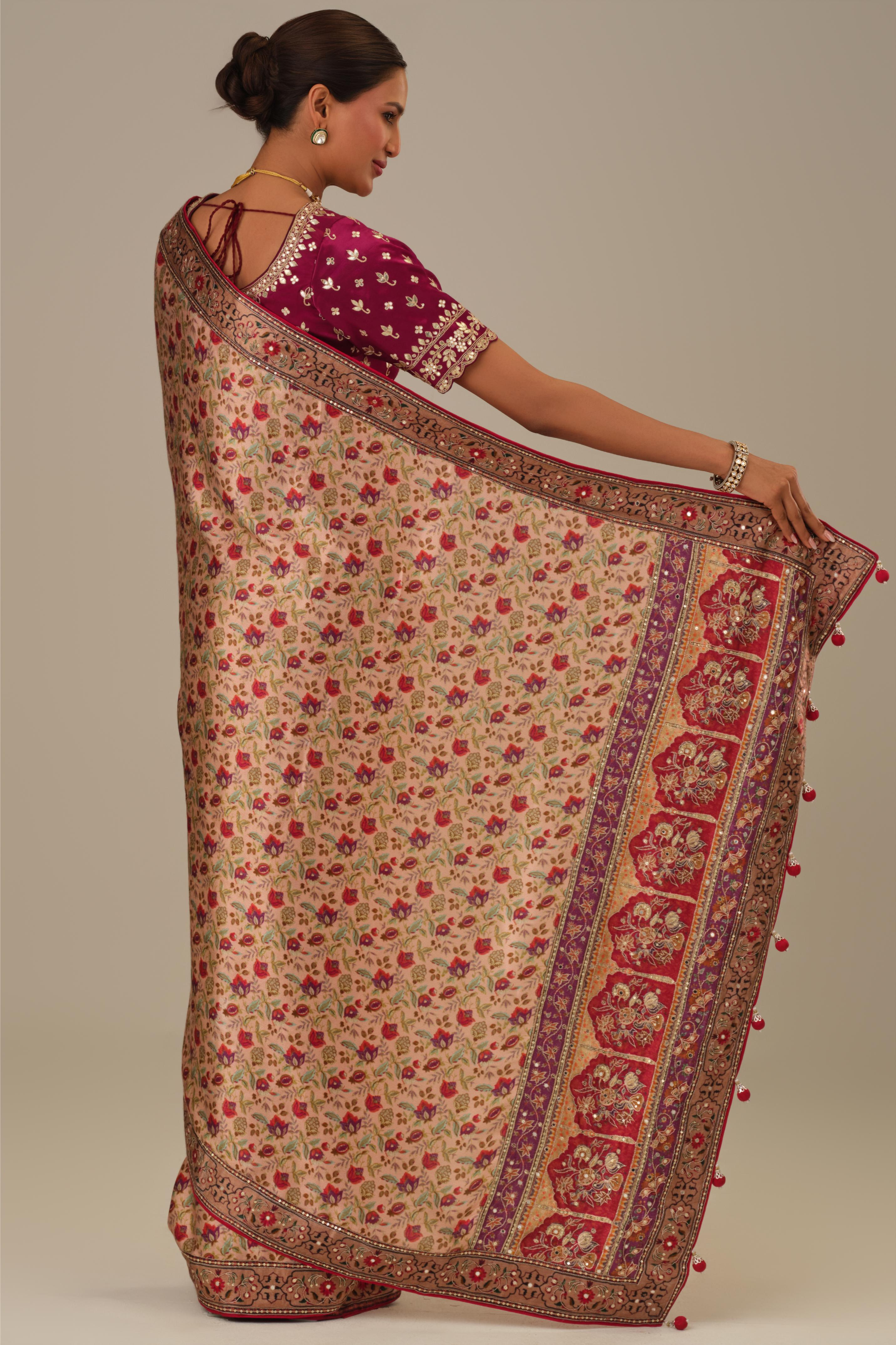 Dusty Rose Printed Modal Satin Silk Saree