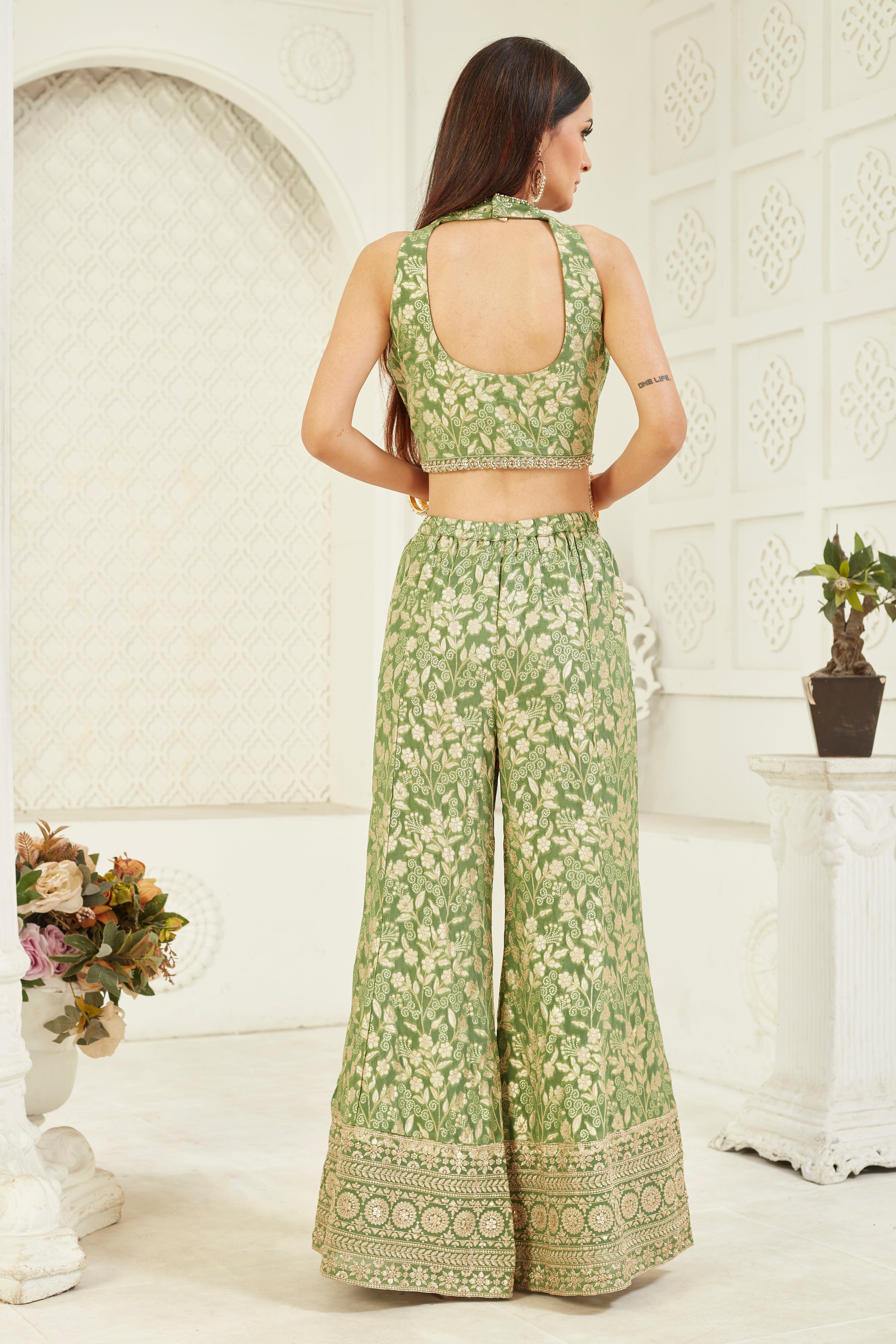 Green Embellished Premium Silk Palazzo Set